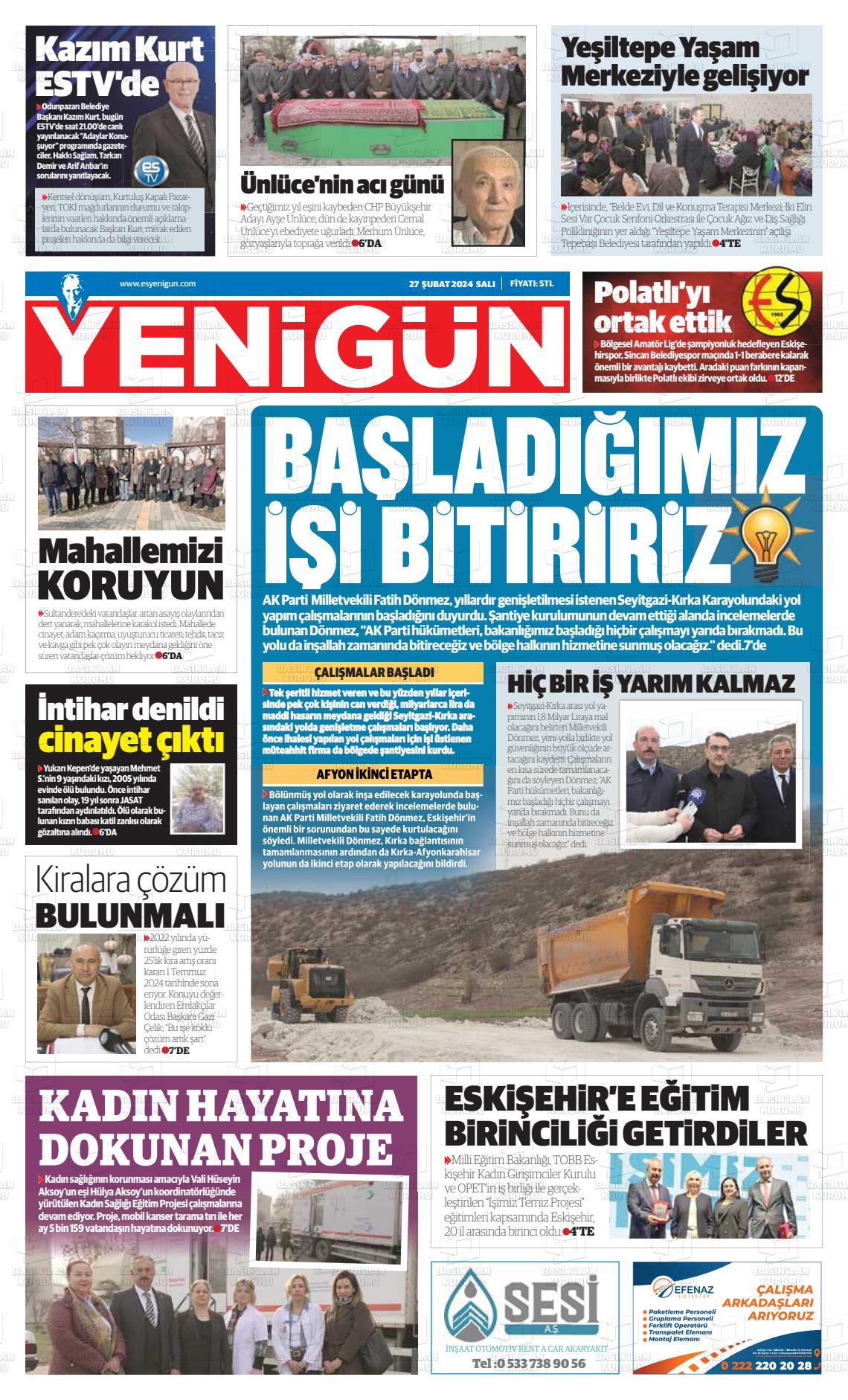 27 Şubat 2024 Eskişehir Yeni Gün Gazete Manşeti