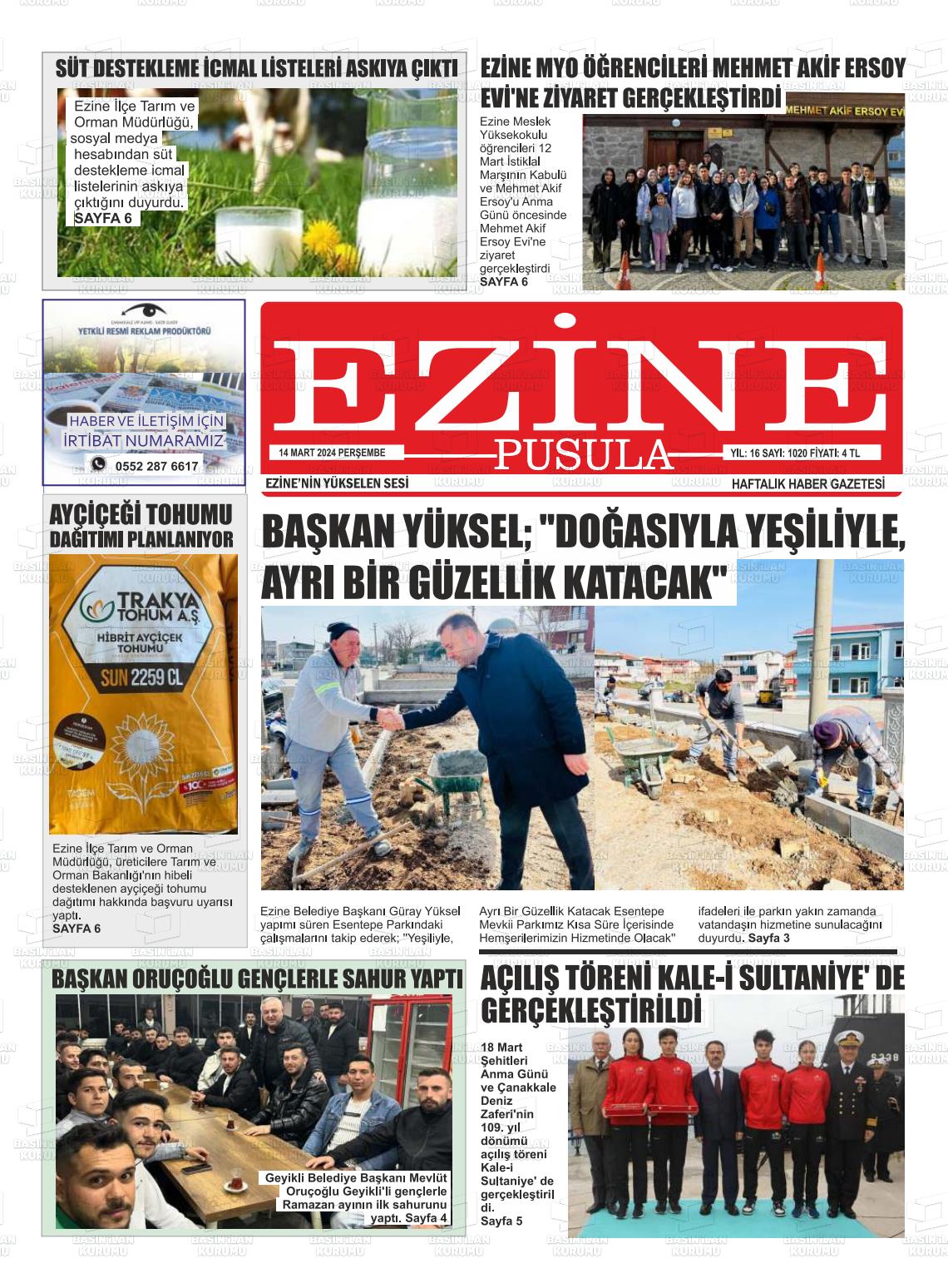 14 Mart 2024 Ezine Pusula Gazete Manşeti