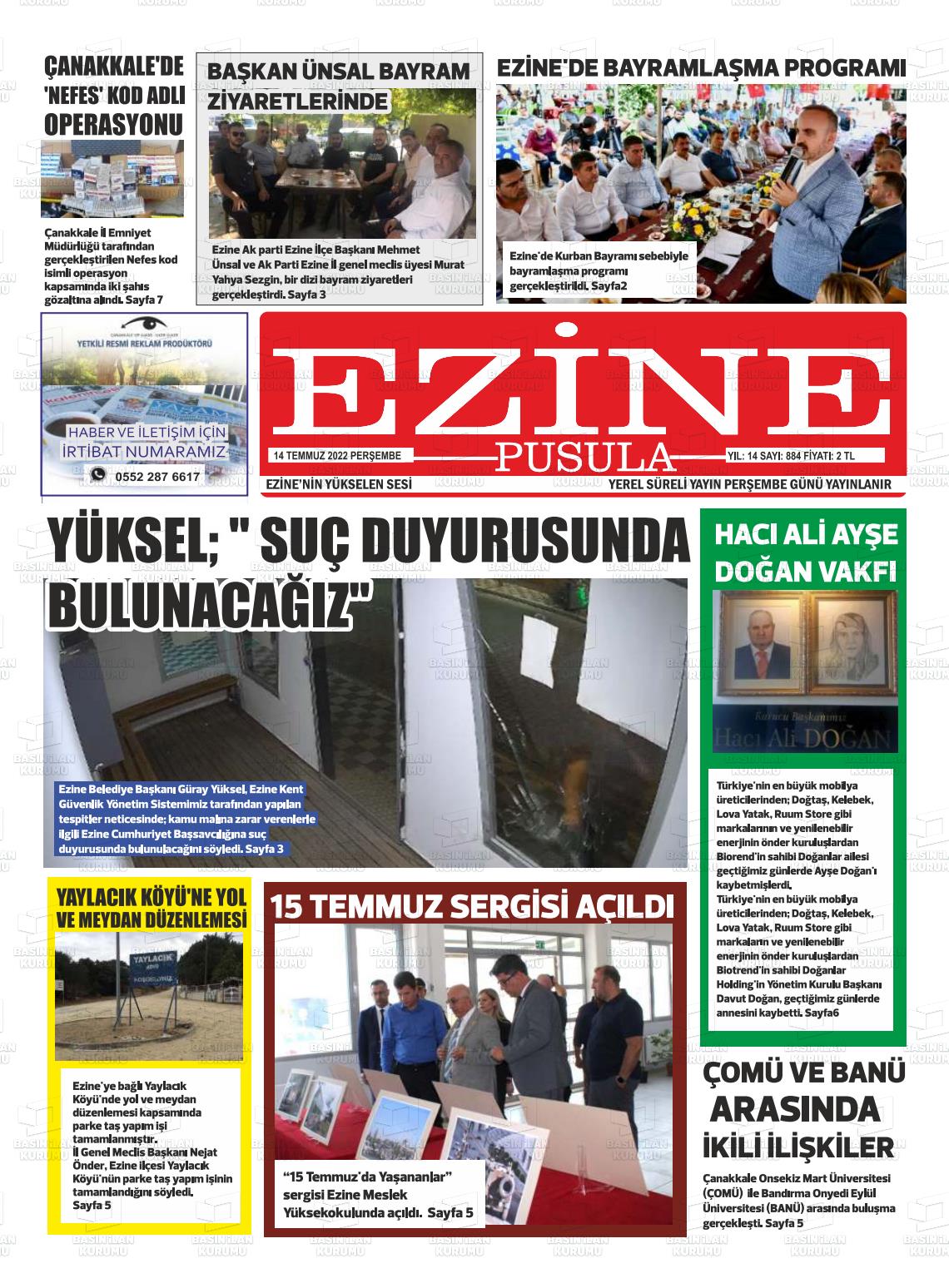 14 Temmuz 2022 Ezine Pusula Gazete Manşeti