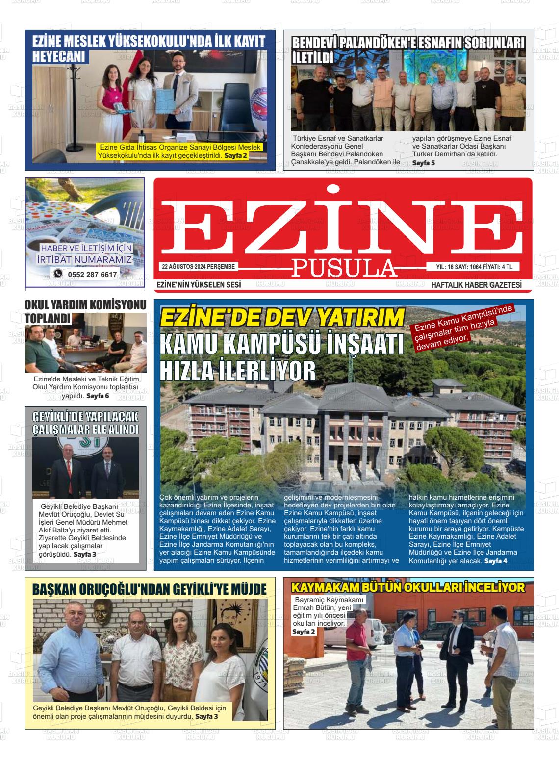 22 Ağustos 2024 Ezine Pusula Gazete Manşeti