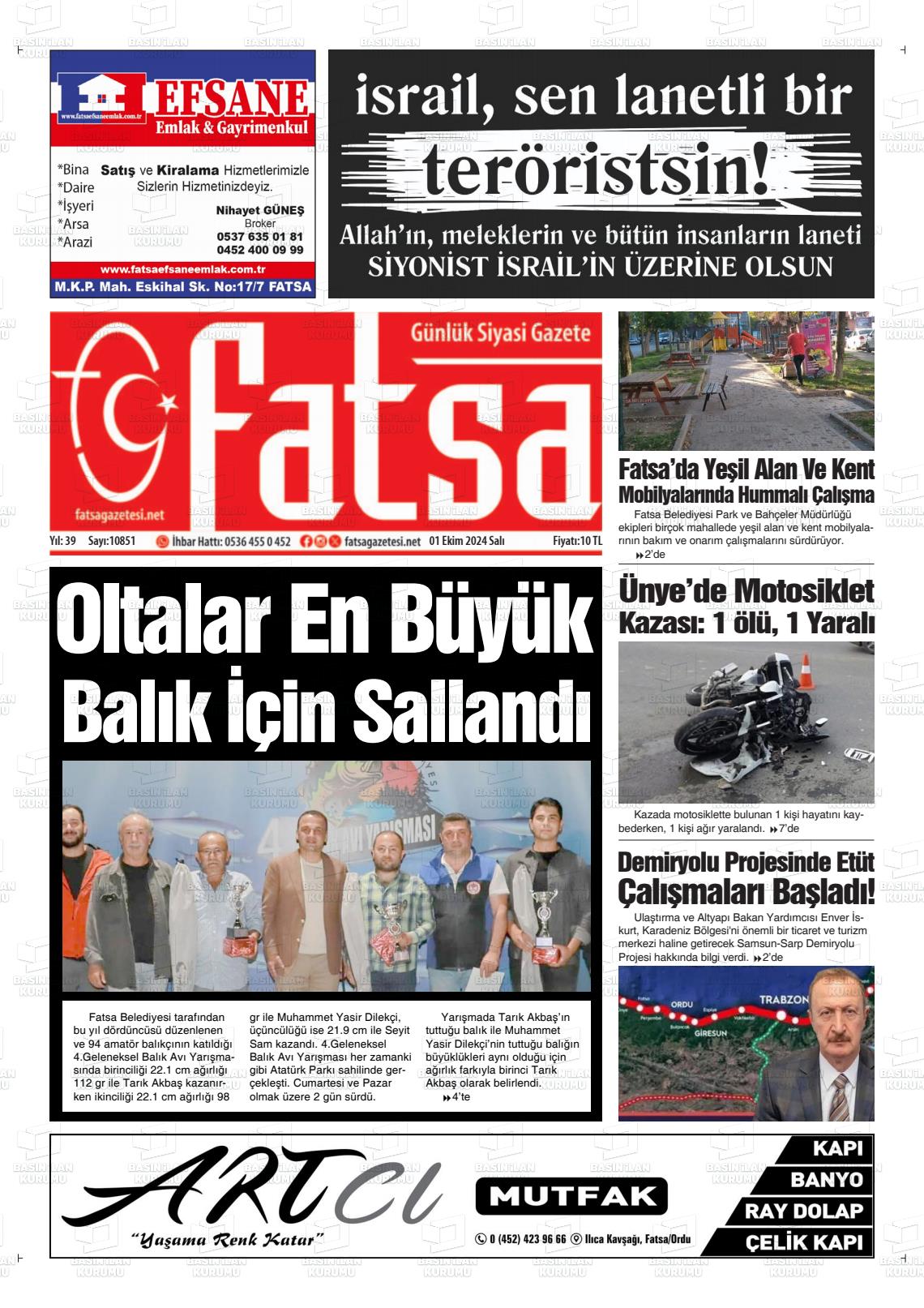 01 Ekim 2024 Fatsa Gazete Manşeti