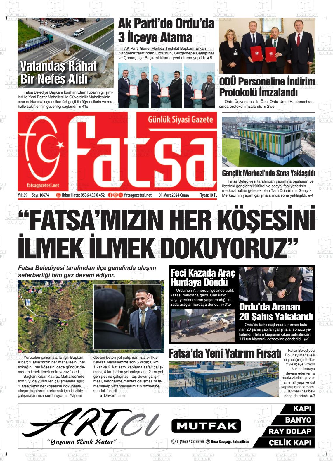 01 Mart 2024 Fatsa Gazete Manşeti