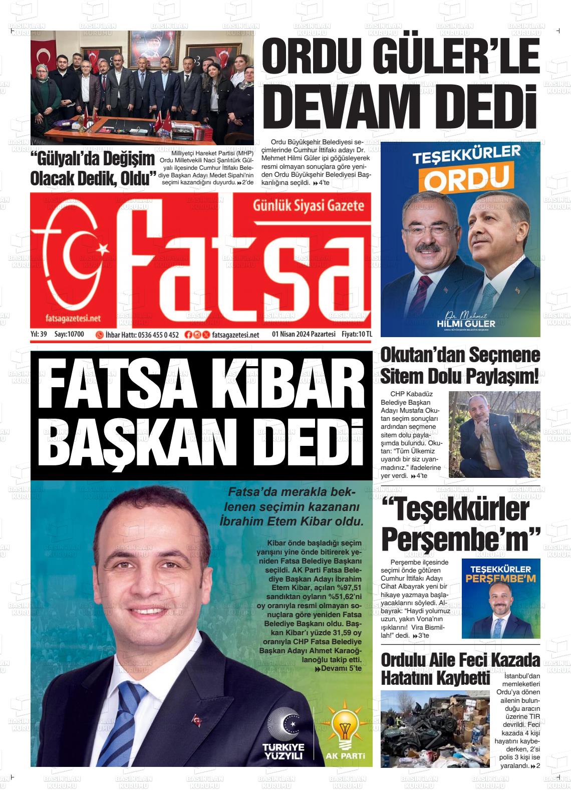 01 Nisan 2024 Fatsa Gazete Manşeti