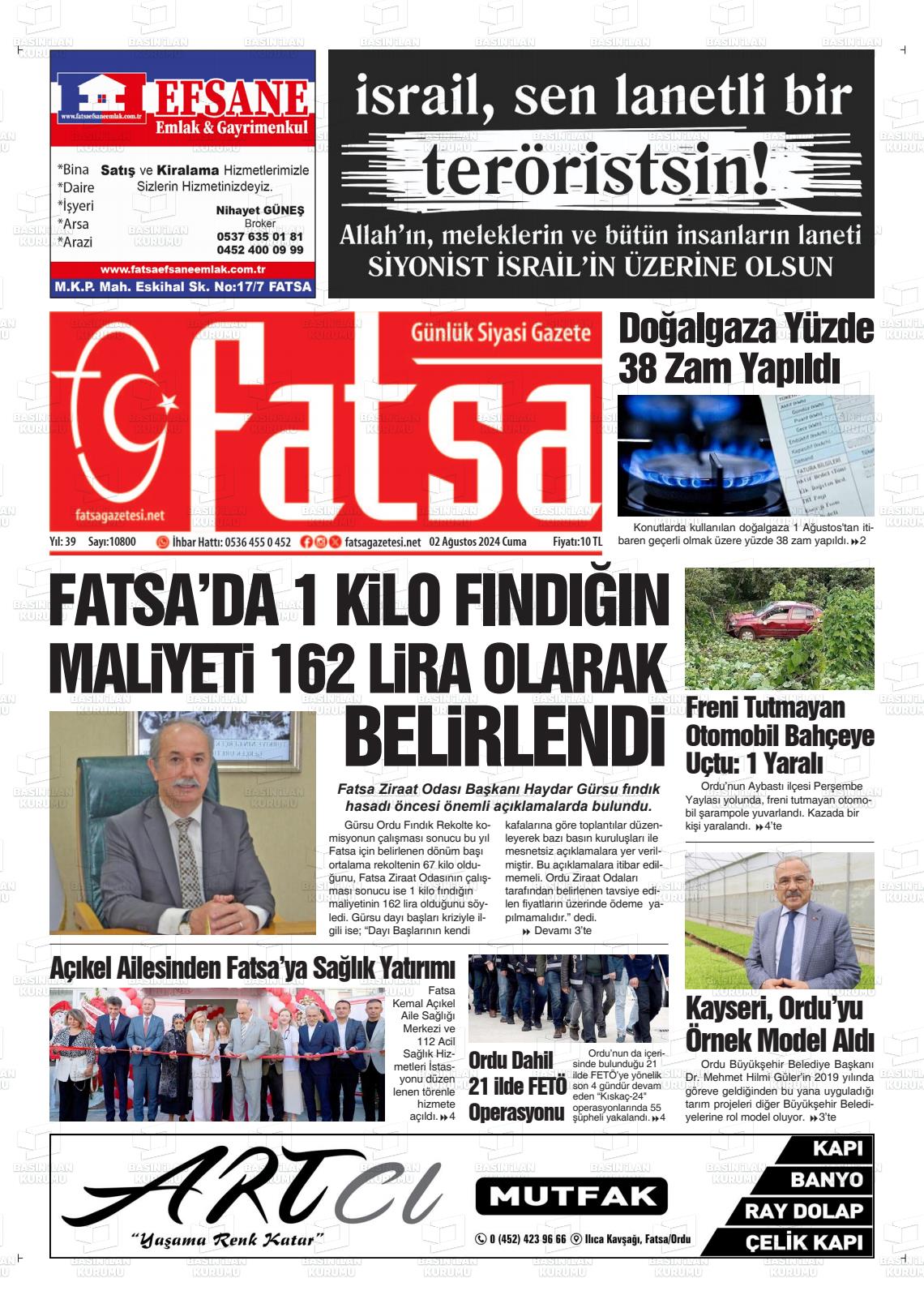 02 Ağustos 2024 Fatsa Gazete Manşeti