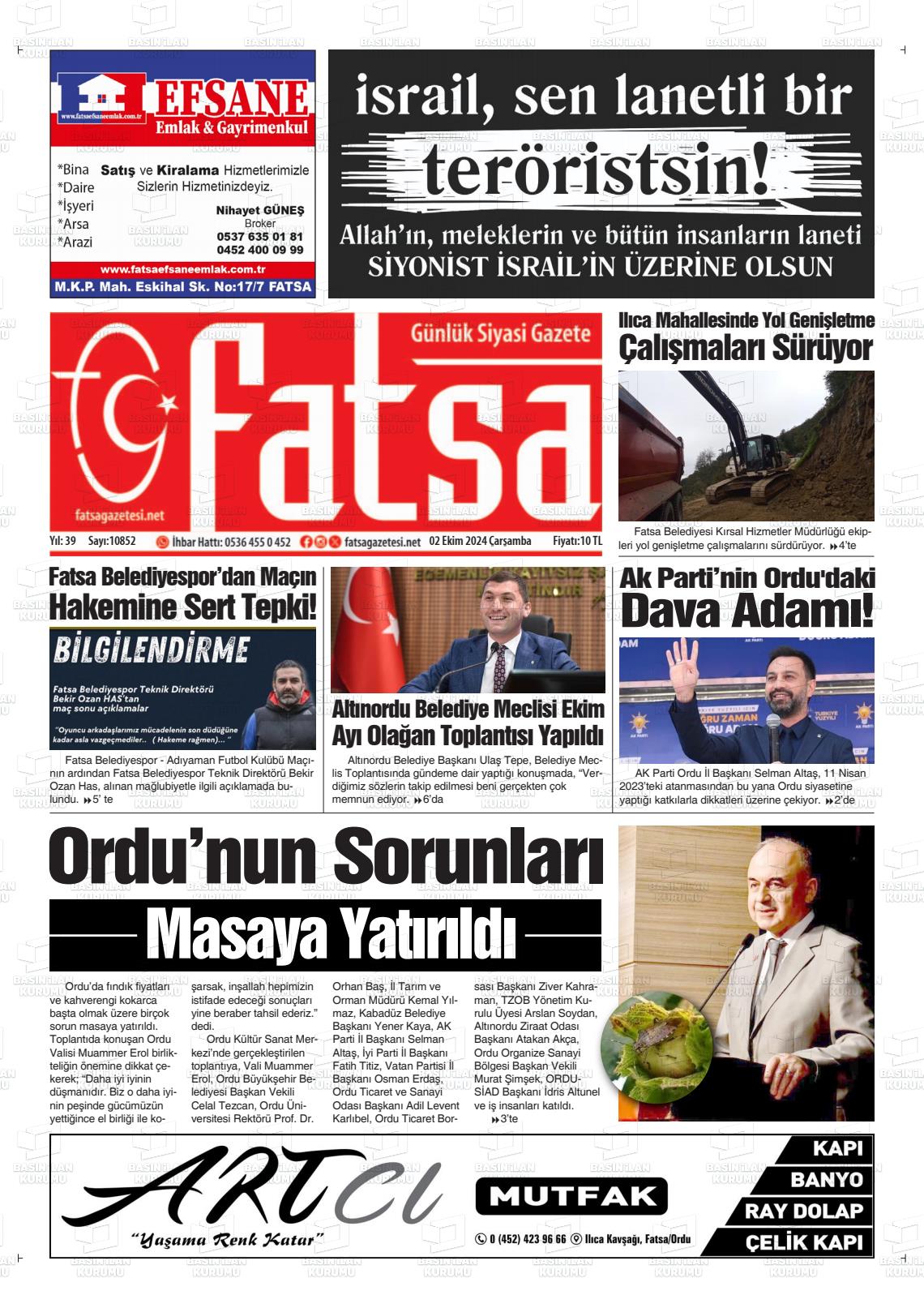 02 Ekim 2024 Fatsa Gazete Manşeti