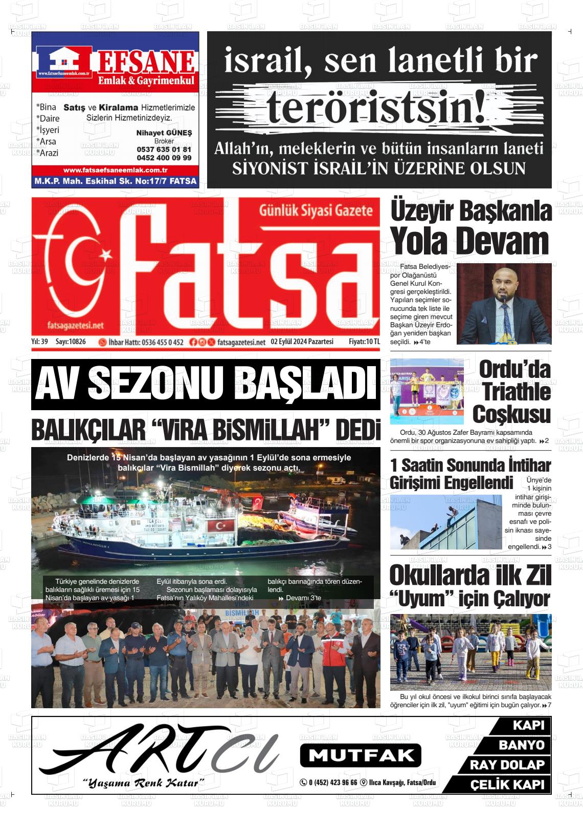 02 Eylül 2024 Fatsa Gazete Manşeti