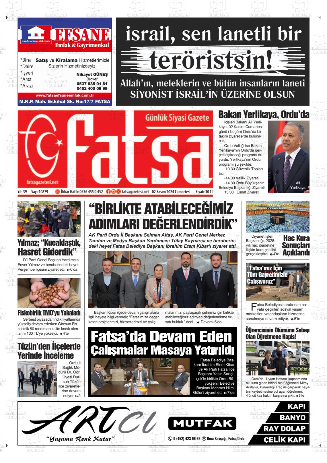 02 Kasım 2024 Fatsa Gazete Manşeti