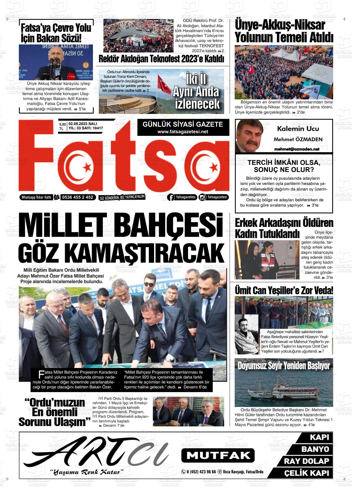 02 Mayıs 2023 Fatsa Gazete Manşeti