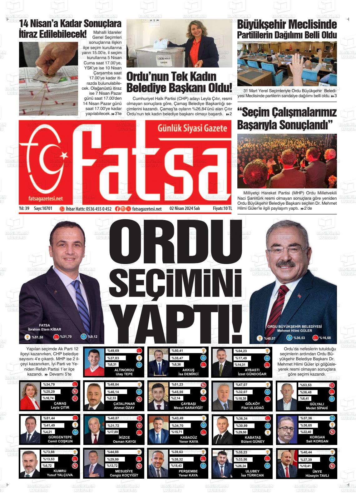 02 Nisan 2024 Fatsa Gazete Manşeti