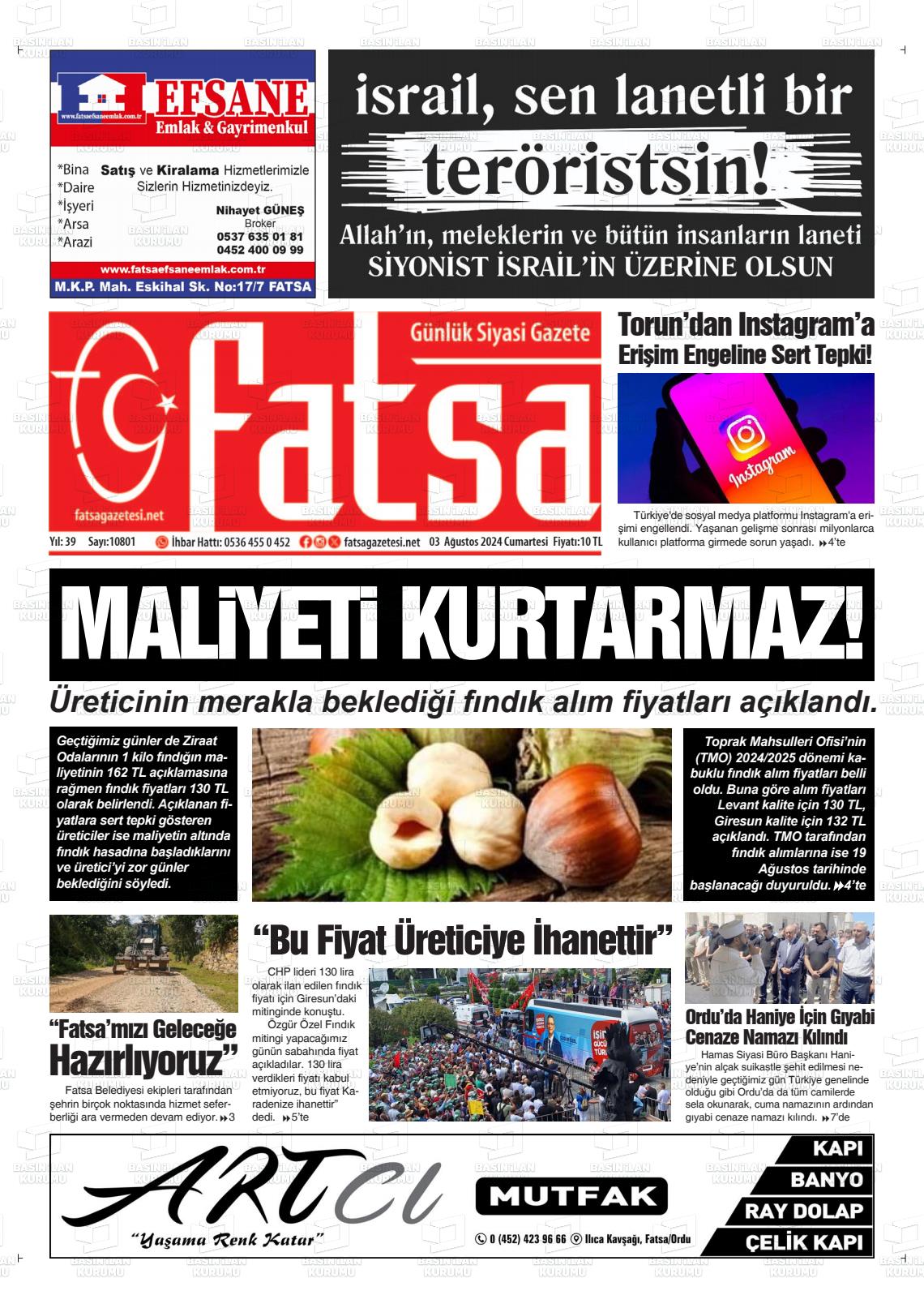 03 Ağustos 2024 Fatsa Gazete Manşeti