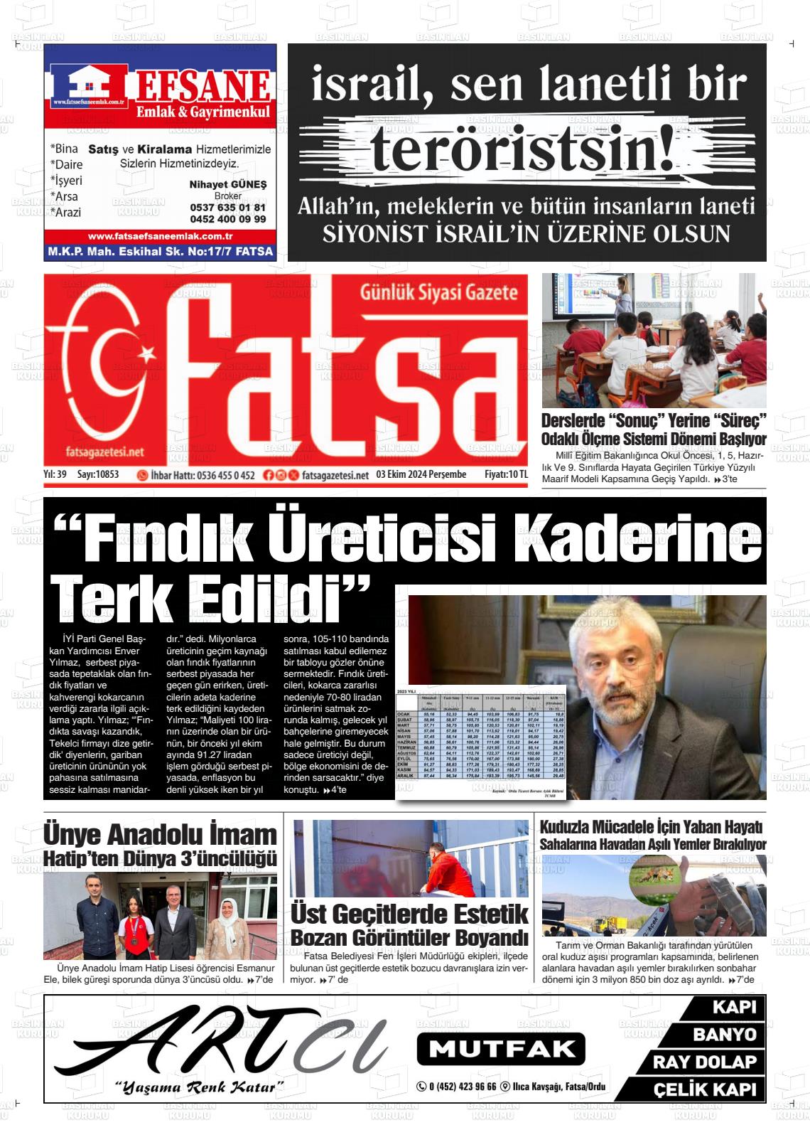 03 Ekim 2024 Fatsa Gazete Manşeti