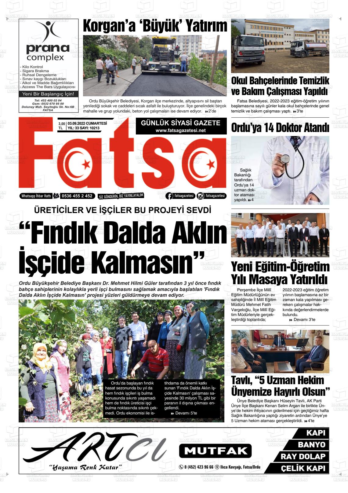 03 Eylül 2022 Fatsa Gazete Manşeti