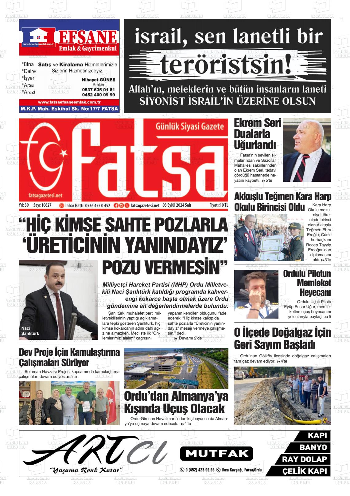 03 Eylül 2024 Fatsa Gazete Manşeti