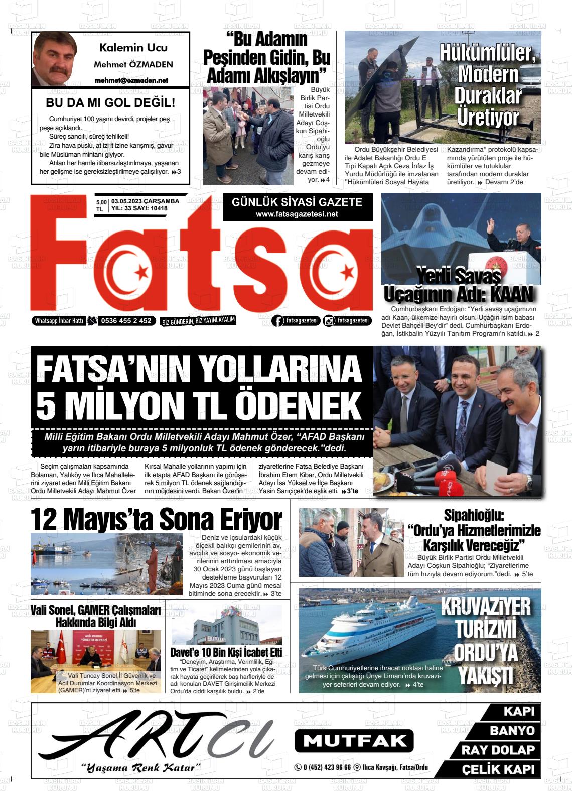 03 Mayıs 2023 Fatsa Gazete Manşeti