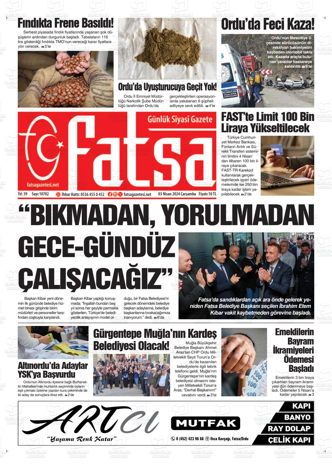 03 Nisan 2024 Fatsa Gazete Manşeti