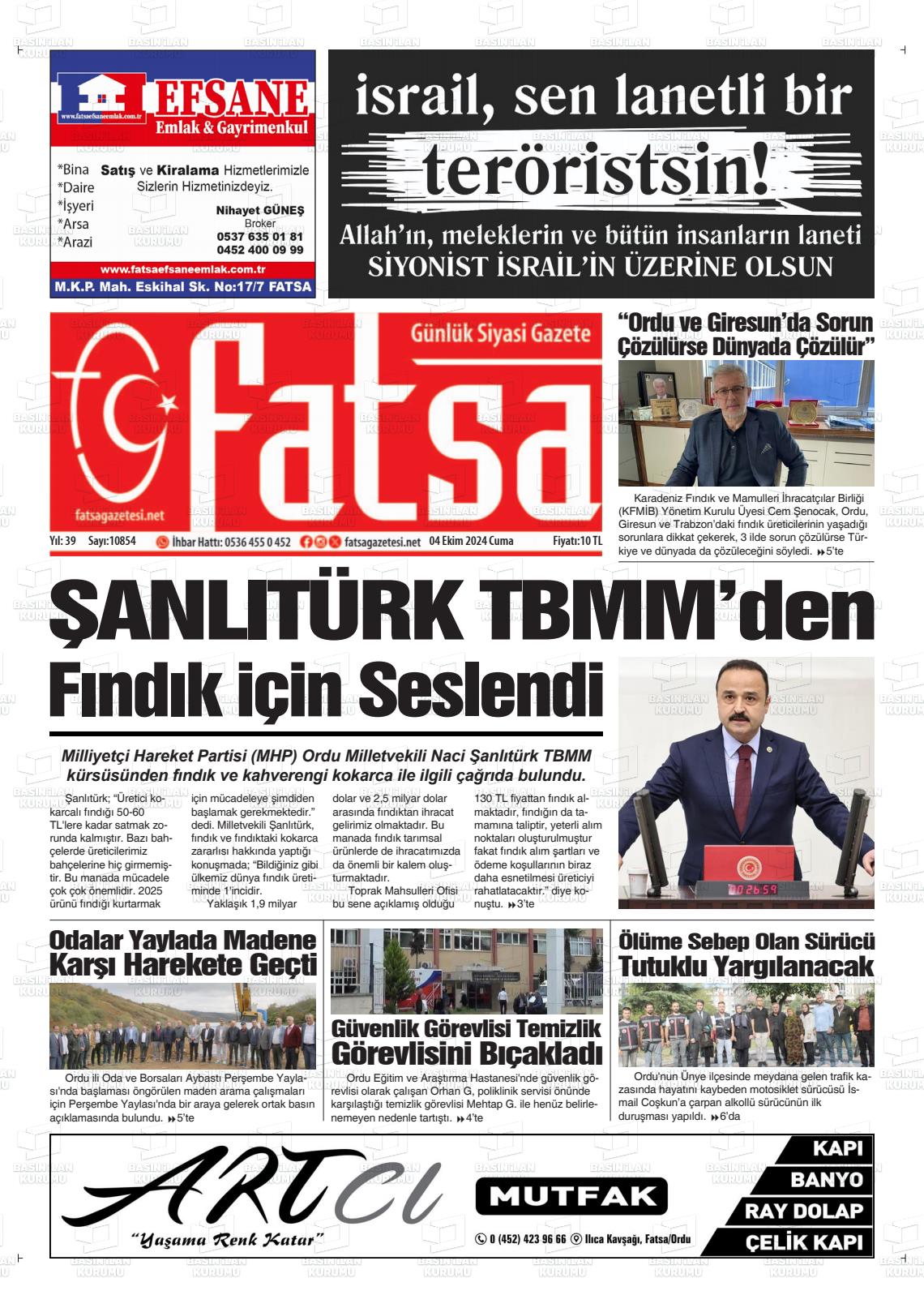 04 Ekim 2024 Fatsa Gazete Manşeti