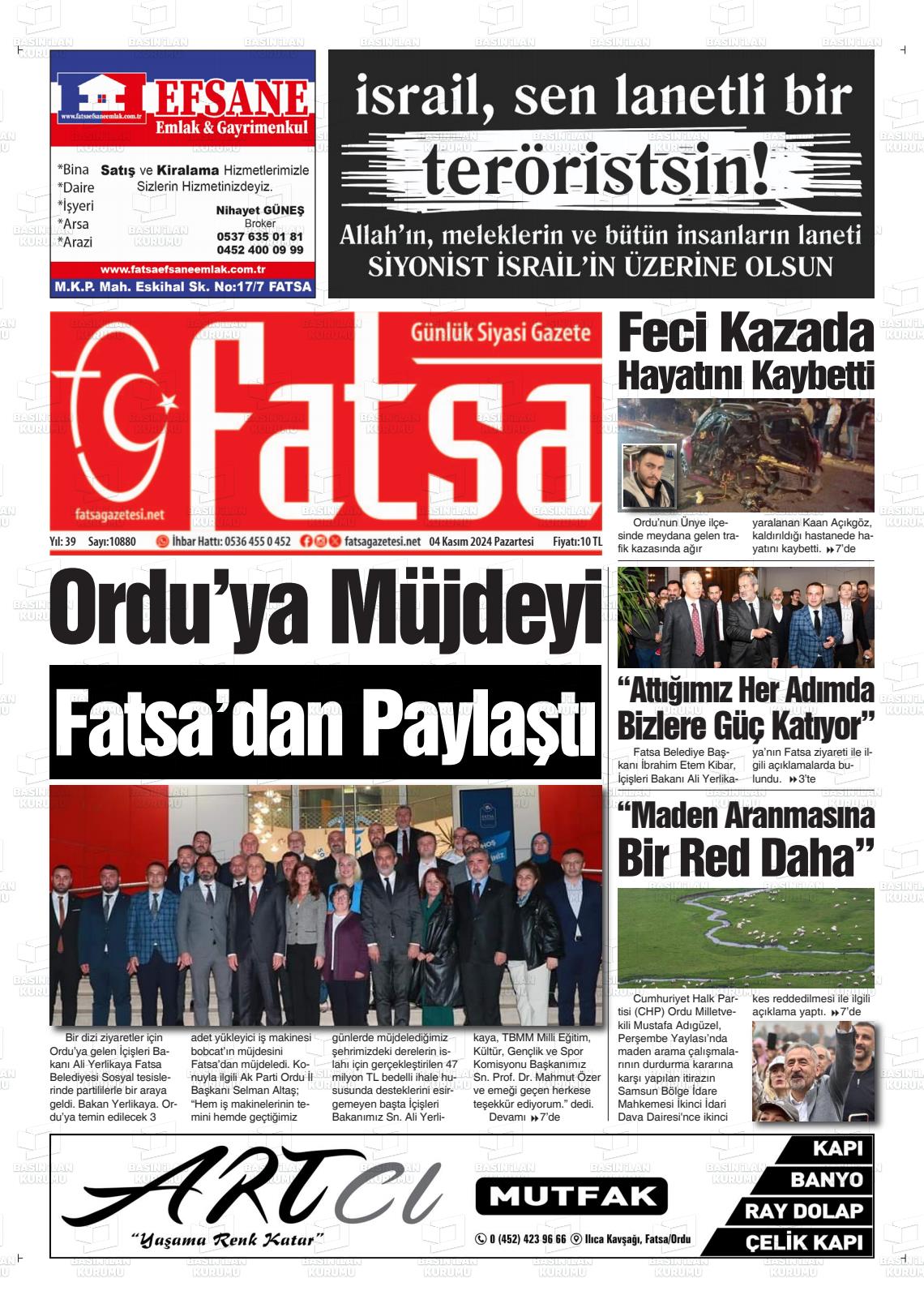 04 Kasım 2024 Fatsa Gazete Manşeti