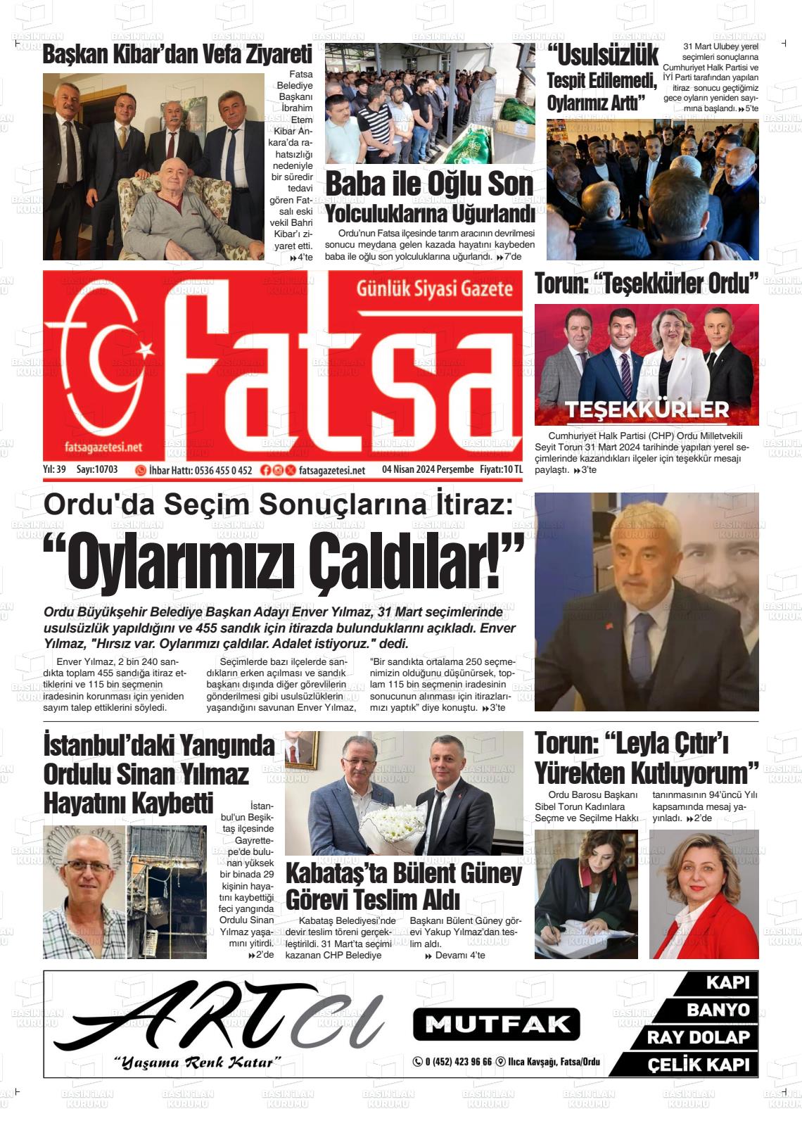 04 Nisan 2024 Fatsa Gazete Manşeti