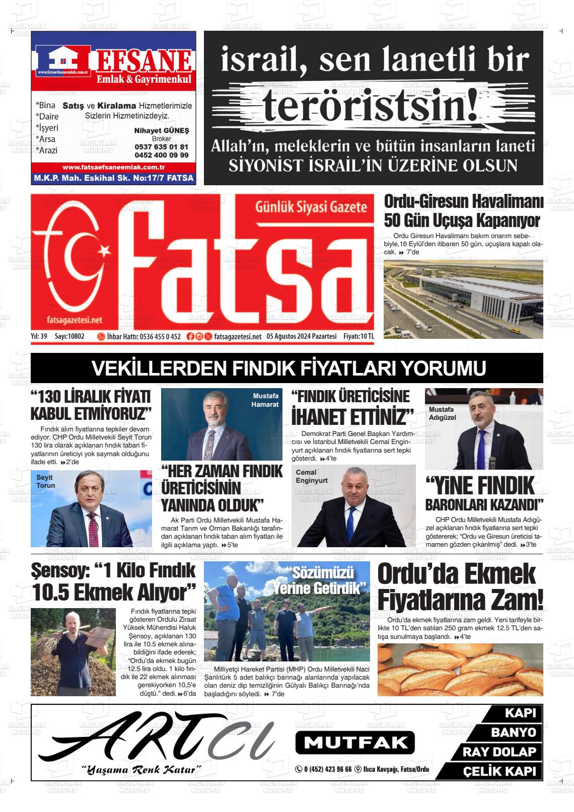 05 Ağustos 2024 Fatsa Gazete Manşeti