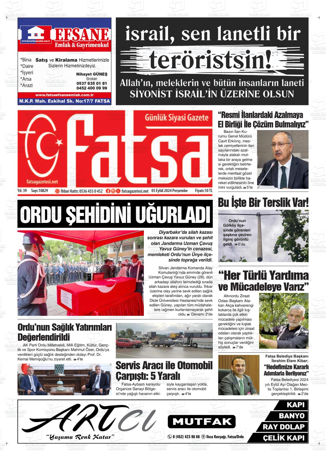 05 Eylül 2024 Fatsa Gazete Manşeti