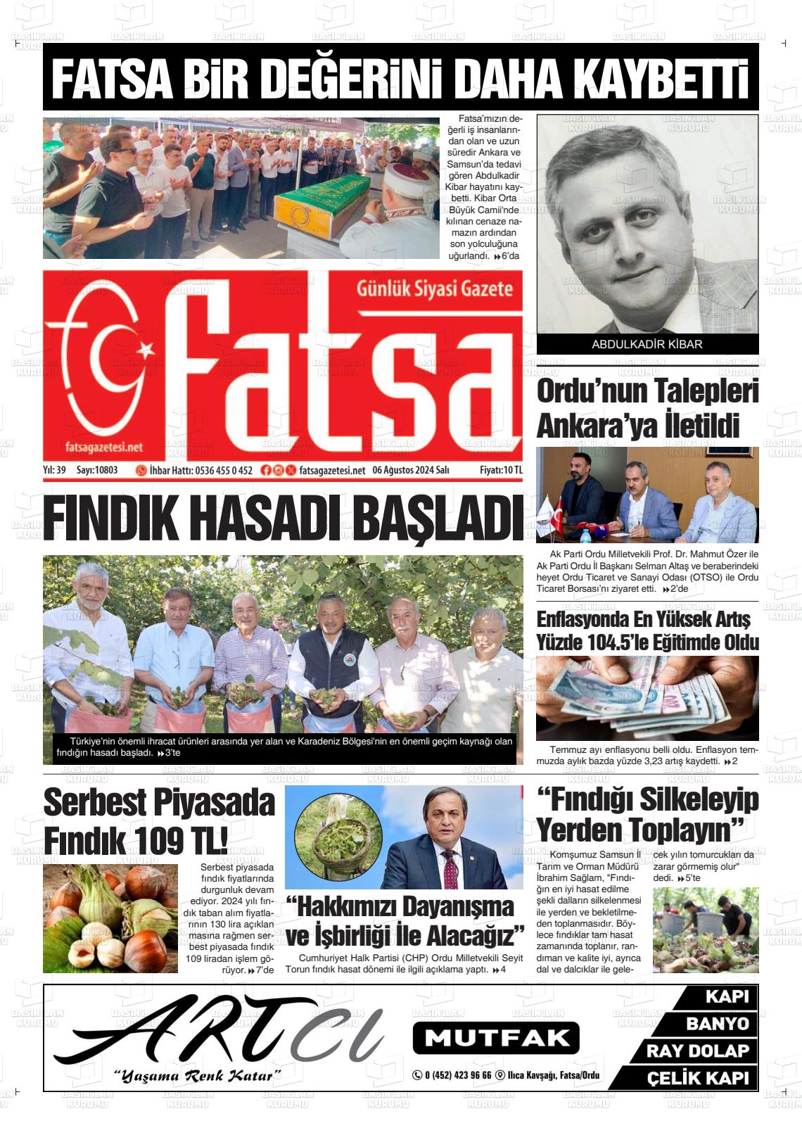 06 Ağustos 2024 Fatsa Gazete Manşeti