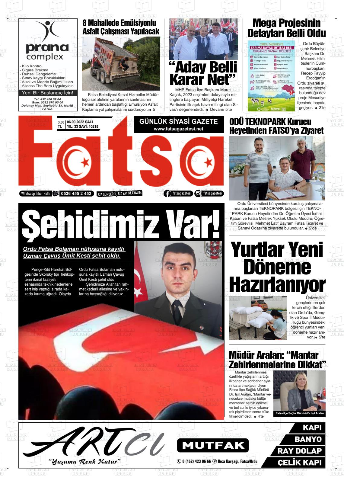 06 Eylül 2022 Fatsa Gazete Manşeti