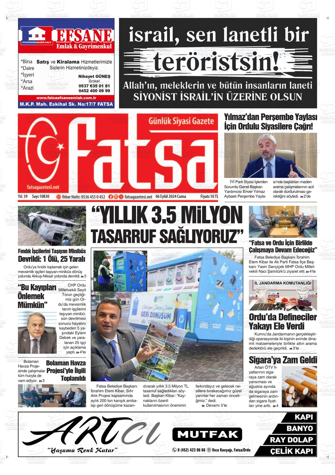 06 Eylül 2024 Fatsa Gazete Manşeti