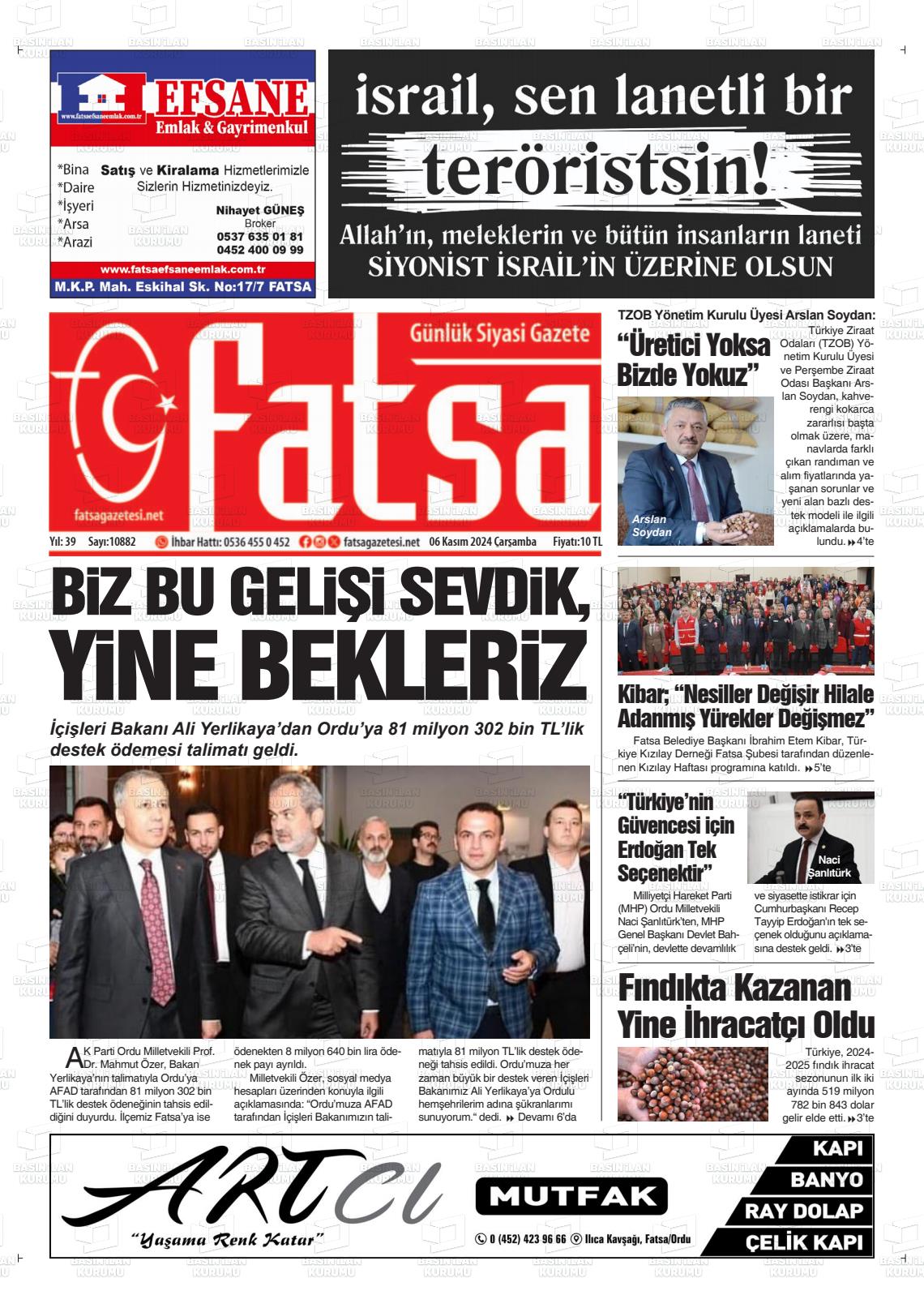 06 Kasım 2024 Fatsa Gazete Manşeti