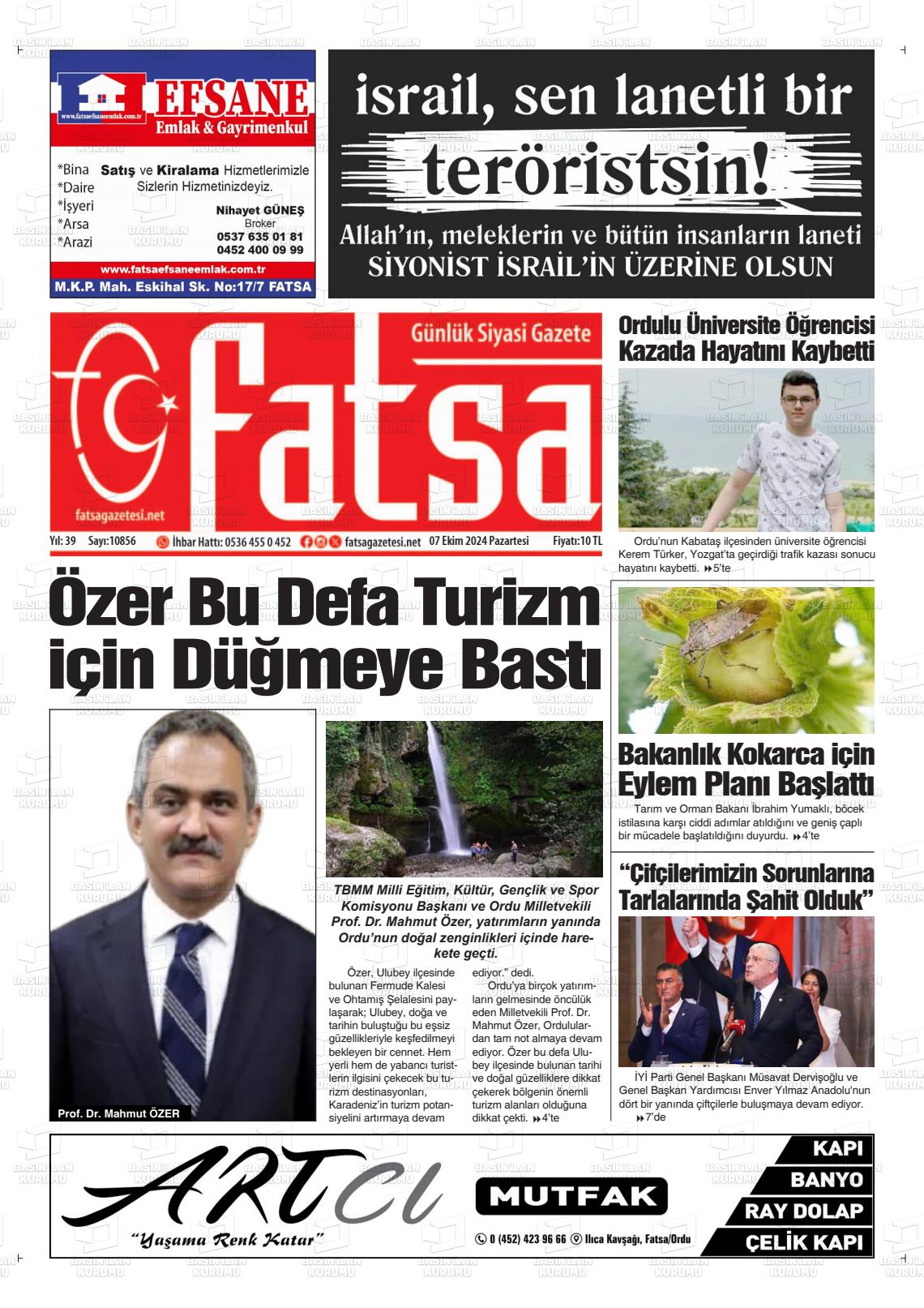 07 Ekim 2024 Fatsa Gazete Manşeti