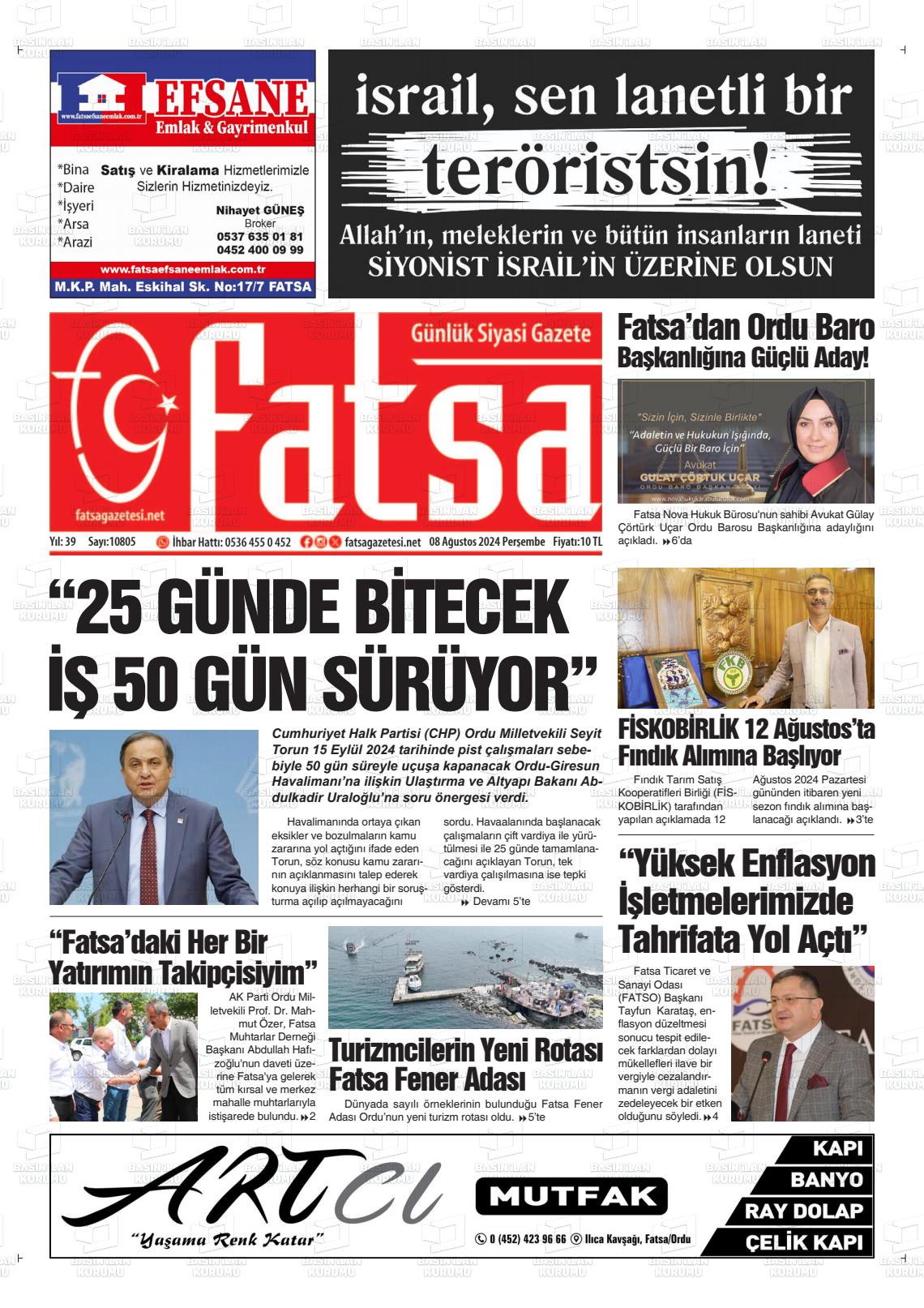 08 Ağustos 2024 Fatsa Gazete Manşeti