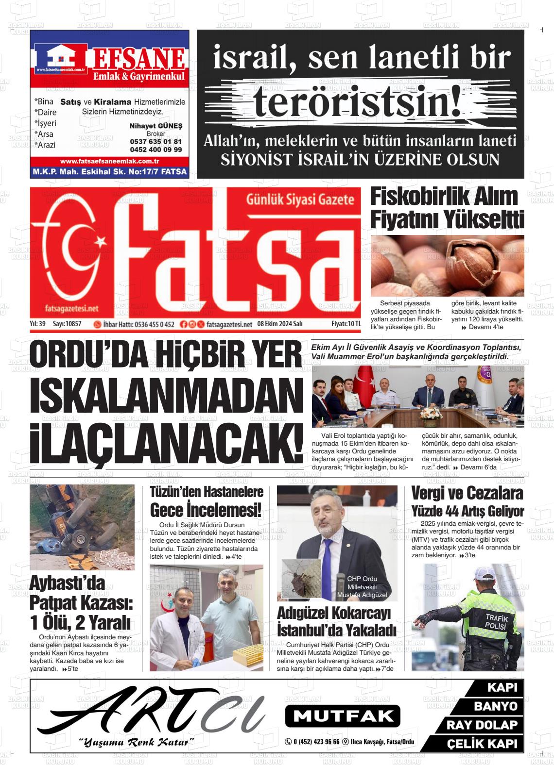 08 Ekim 2024 Fatsa Gazete Manşeti