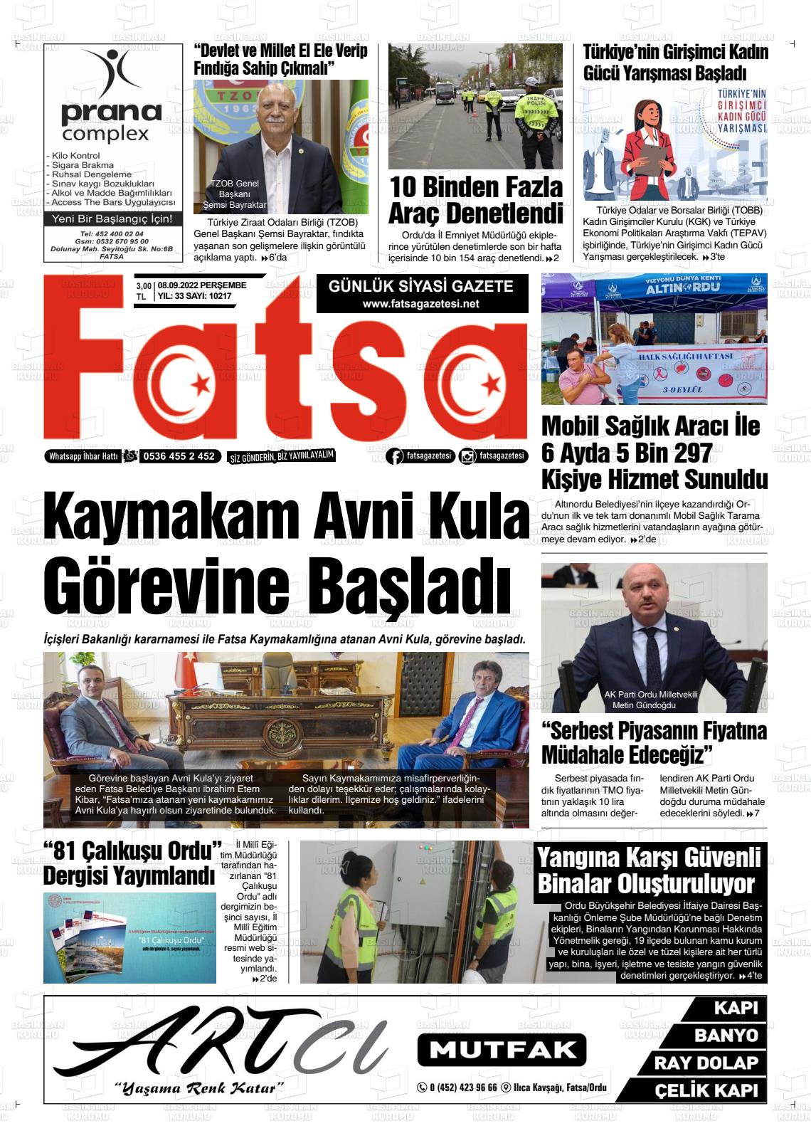 08 Eylül 2022 Fatsa Gazete Manşeti