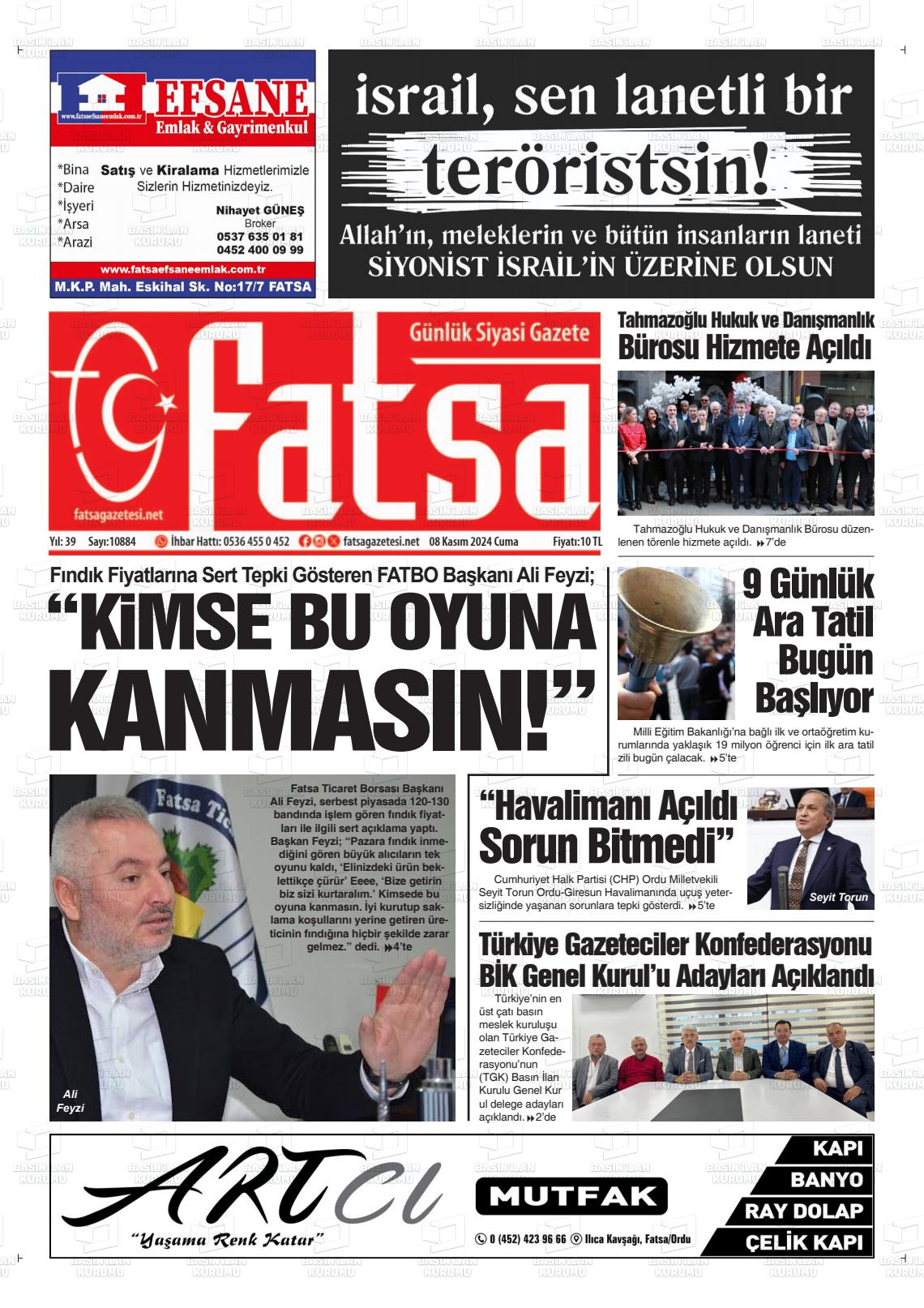 08 Kasım 2024 Fatsa Gazete Manşeti