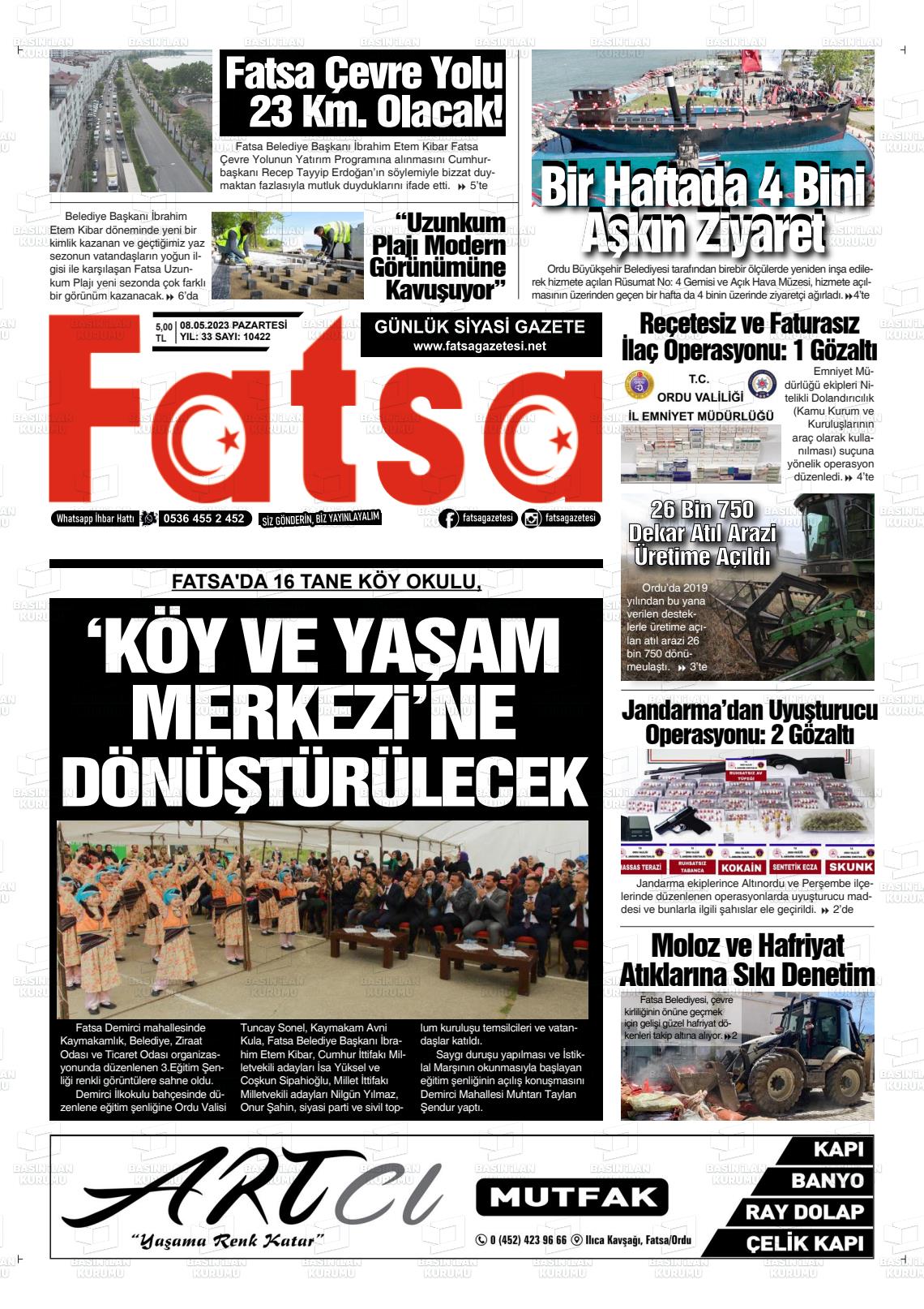 08 Mayıs 2023 Fatsa Gazete Manşeti