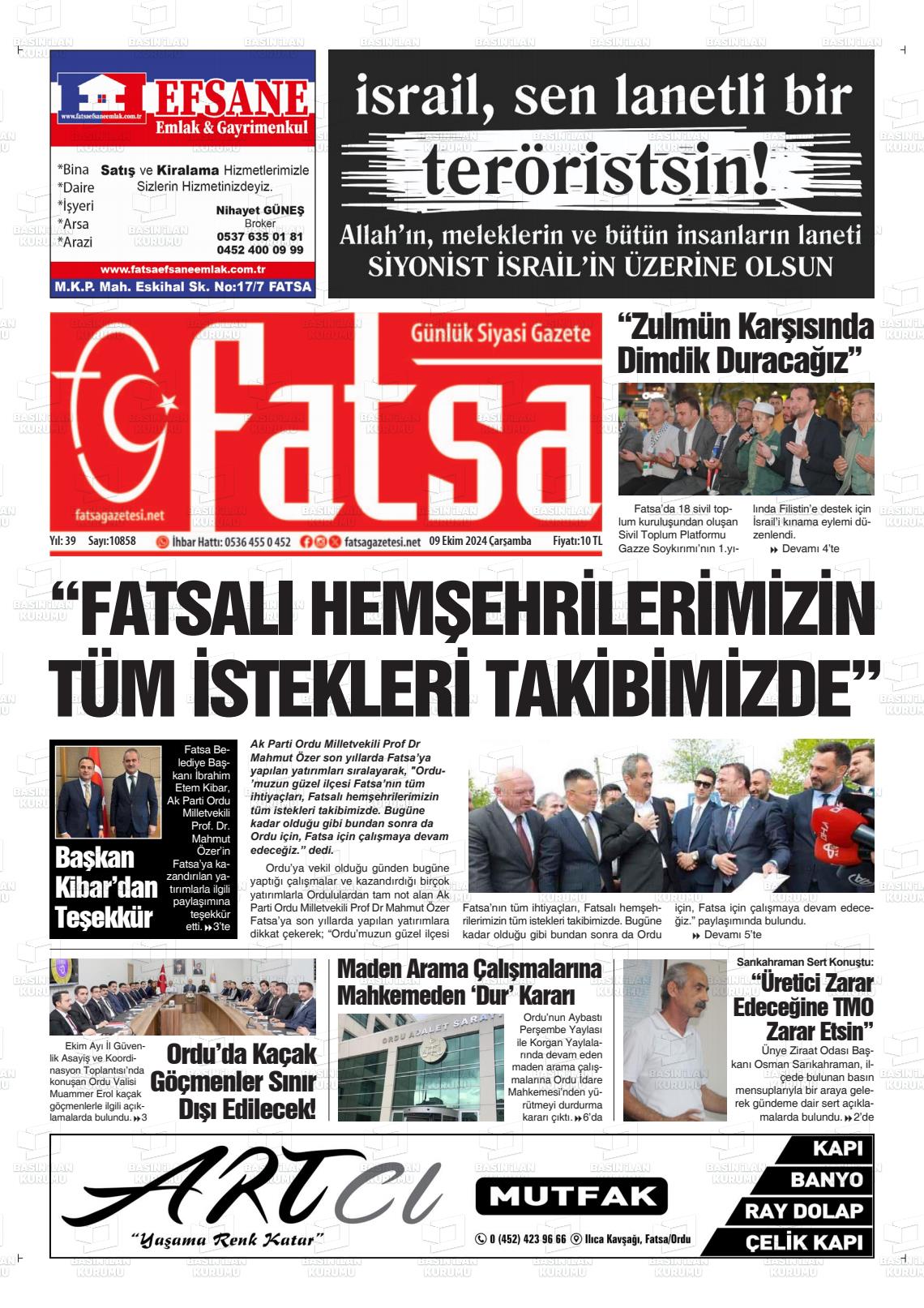 09 Ekim 2024 Fatsa Gazete Manşeti