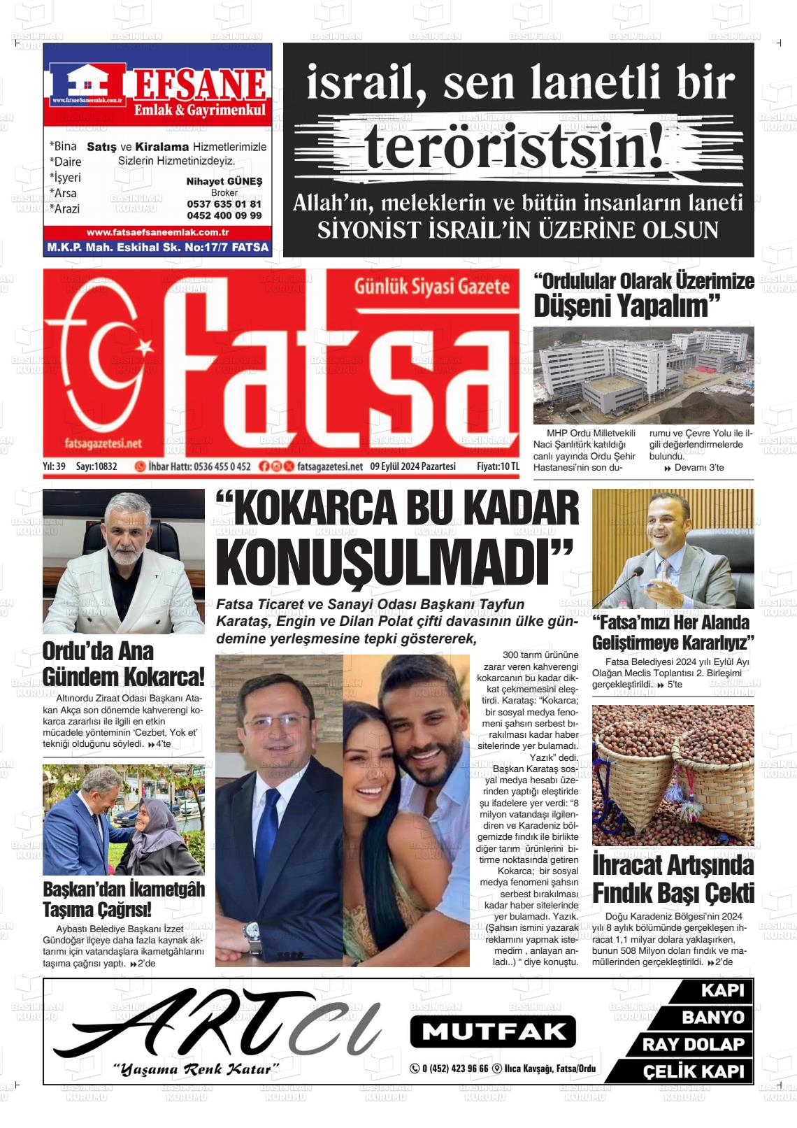 09 Eylül 2024 Fatsa Gazete Manşeti