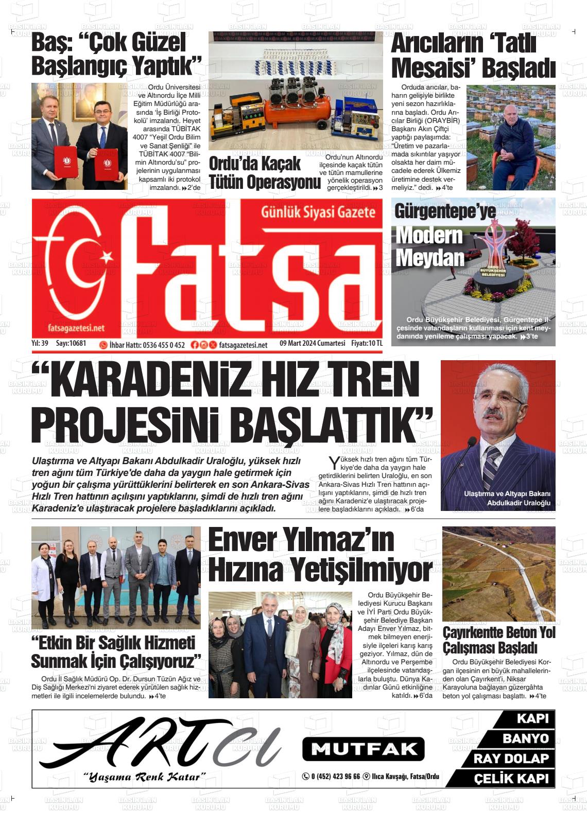 09 Mart 2024 Fatsa Gazete Manşeti