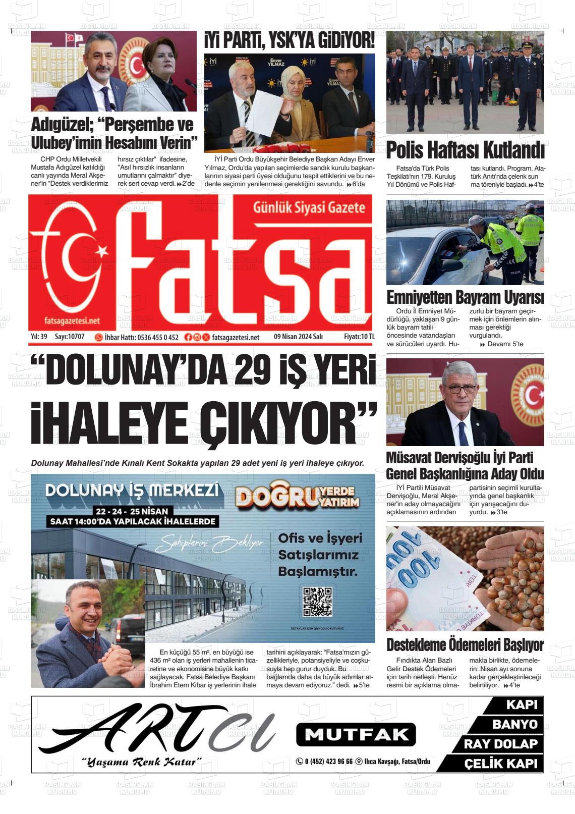 09 Nisan 2024 Fatsa Gazete Manşeti