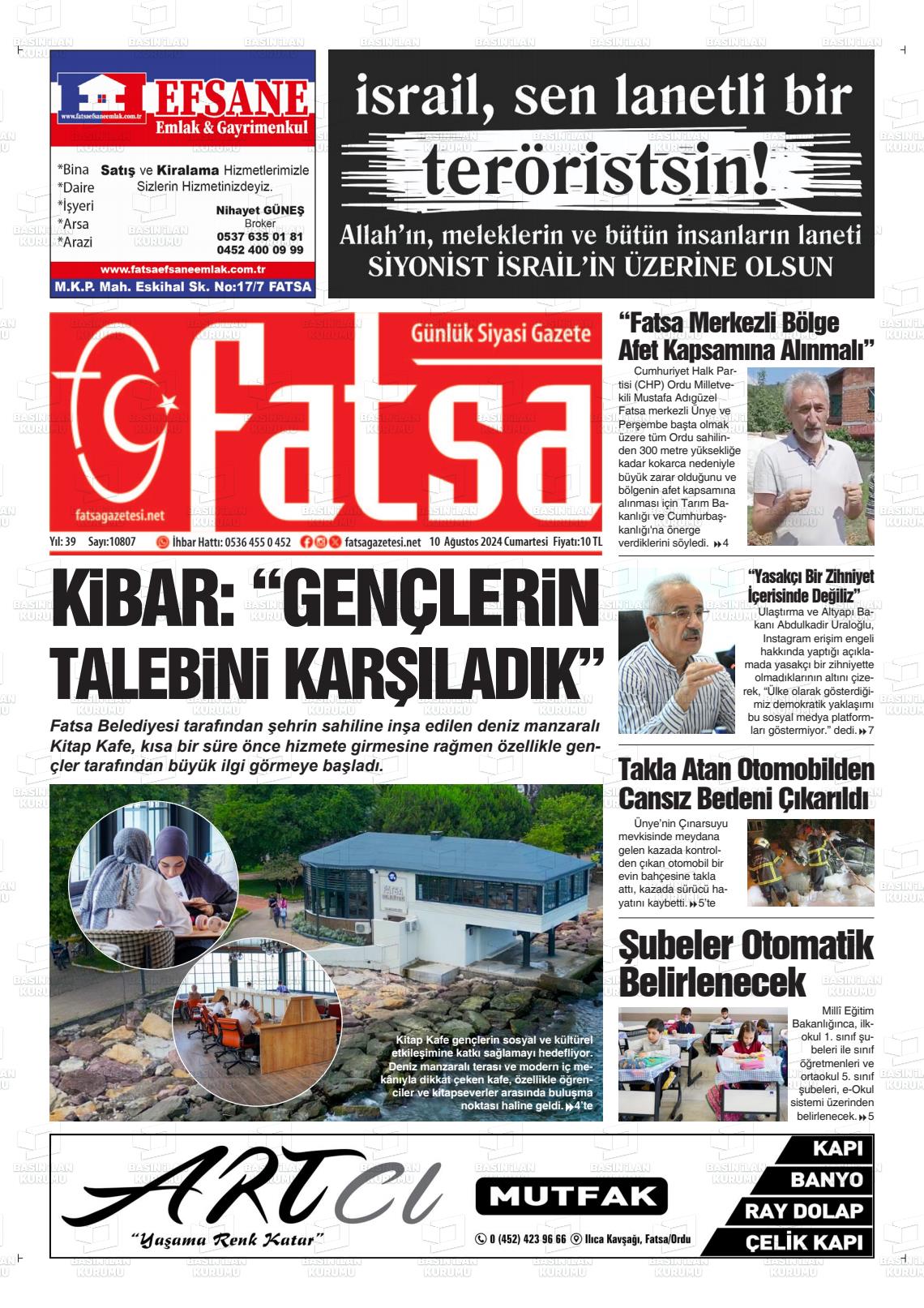 10 Ağustos 2024 Fatsa Gazete Manşeti