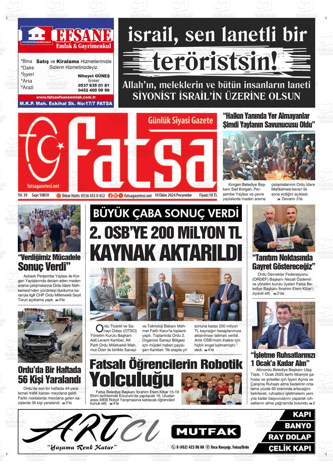 10 Ekim 2024 Fatsa Gazete Manşeti