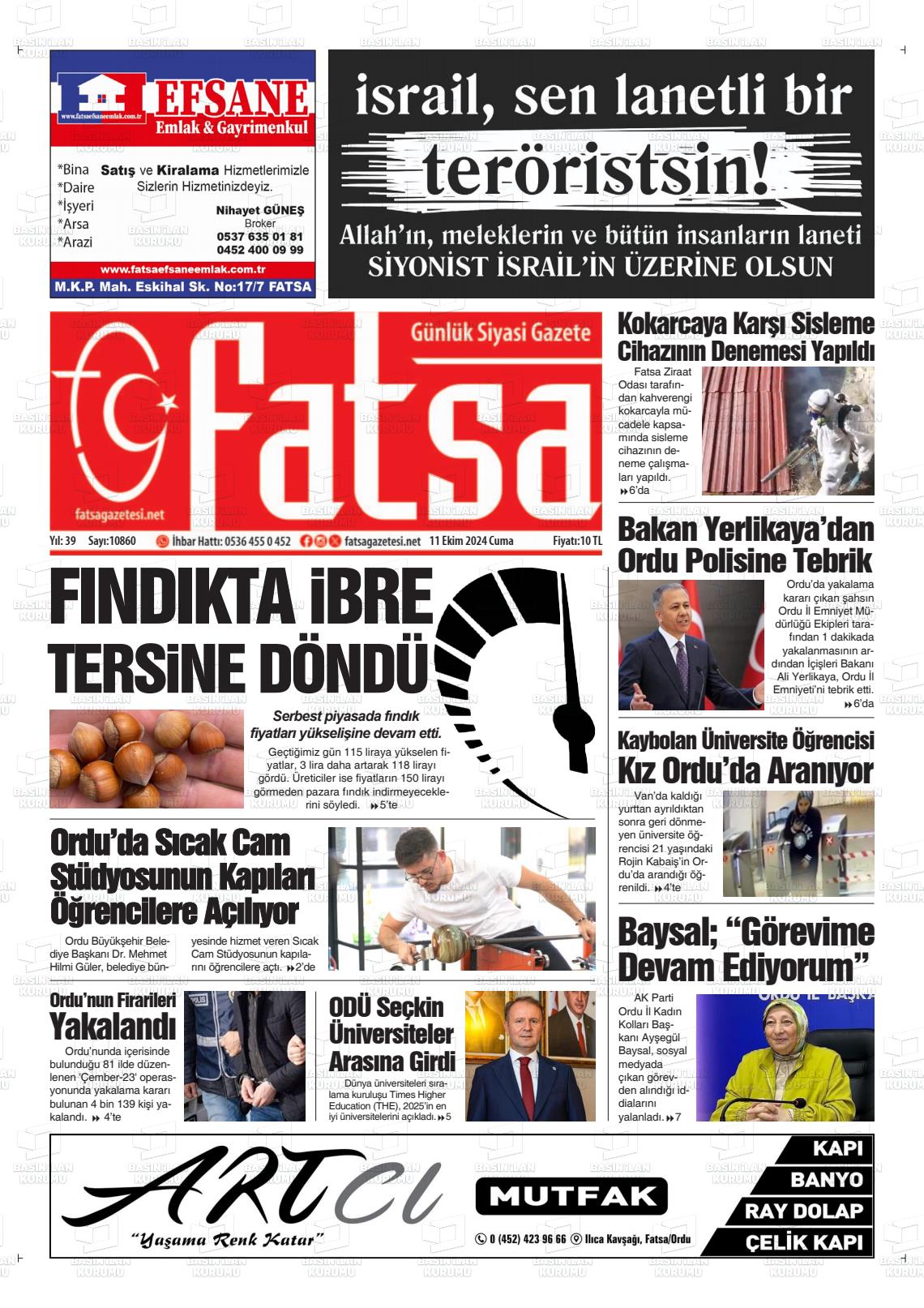 11 Ekim 2024 Fatsa Gazete Manşeti