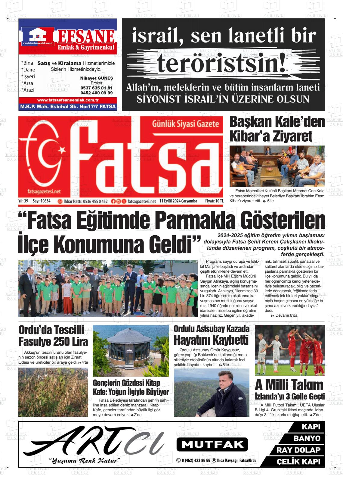 11 Eylül 2024 Fatsa Gazete Manşeti