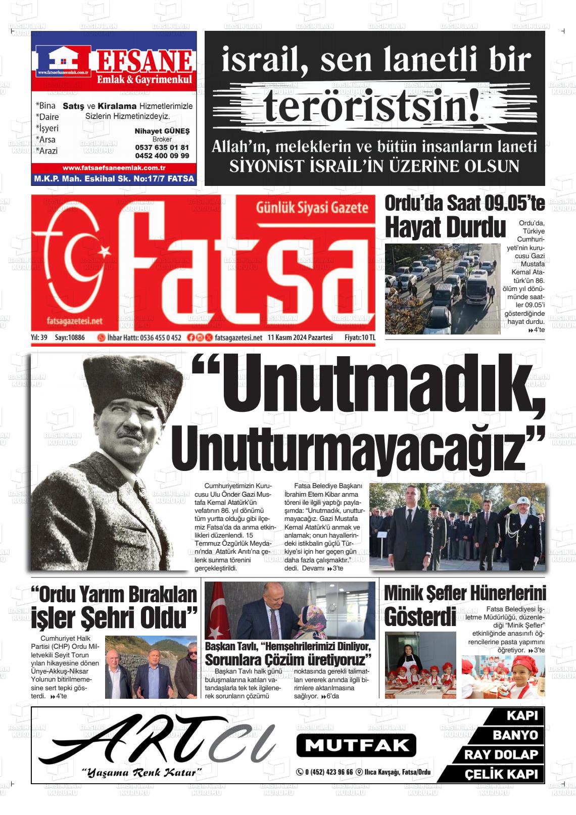 11 Kasım 2024 Fatsa Gazete Manşeti