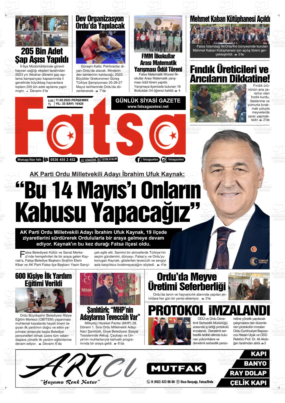 11 Mayıs 2023 Fatsa Gazete Manşeti