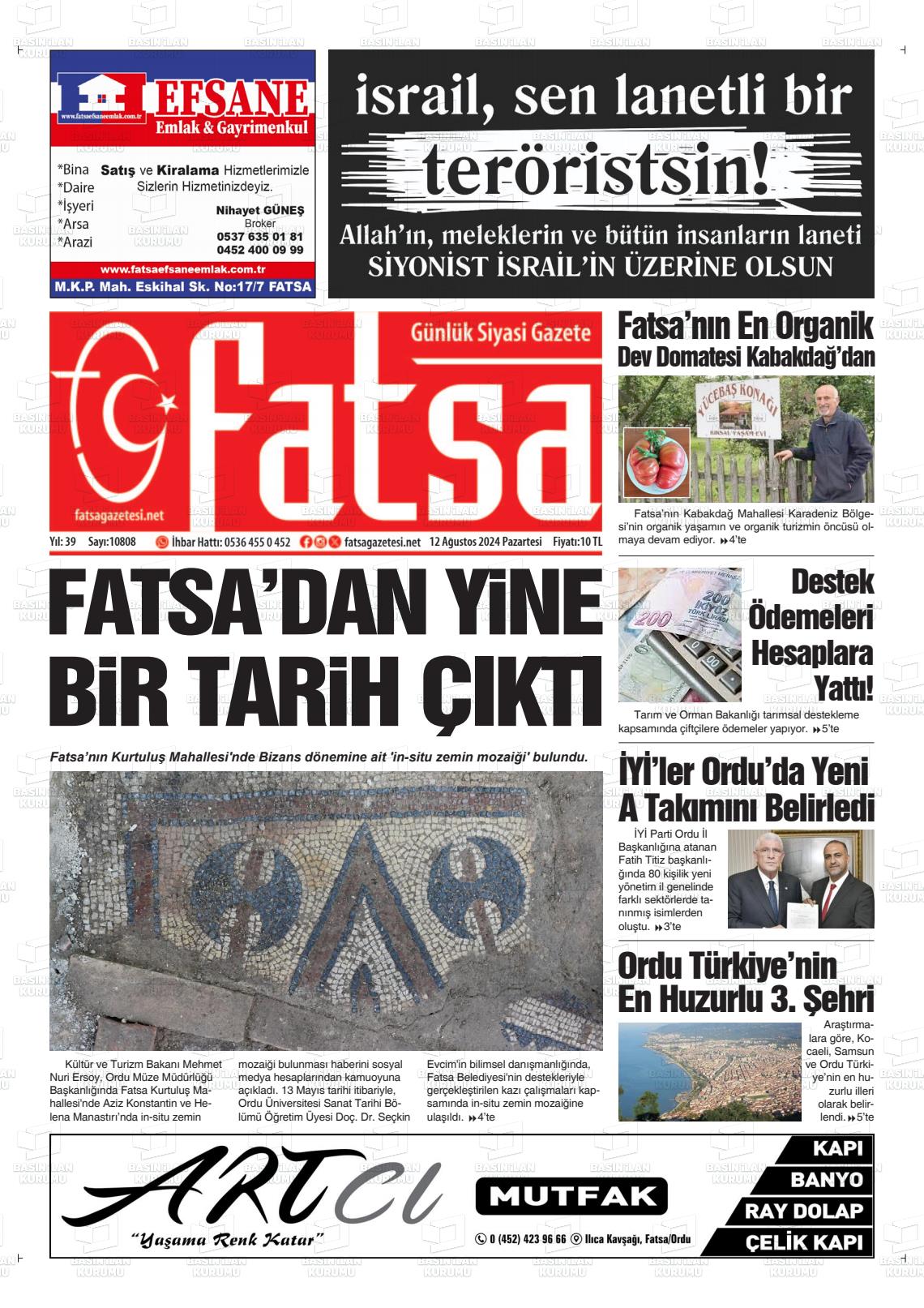 12 Ağustos 2024 Fatsa Gazete Manşeti