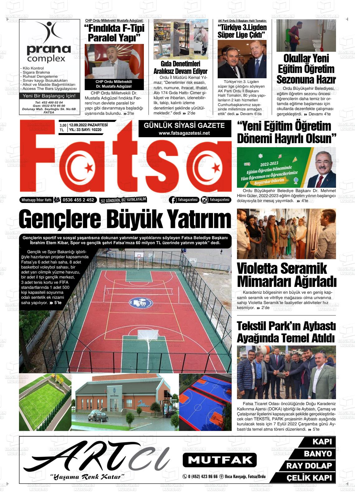 12 Eylül 2022 Fatsa Gazete Manşeti