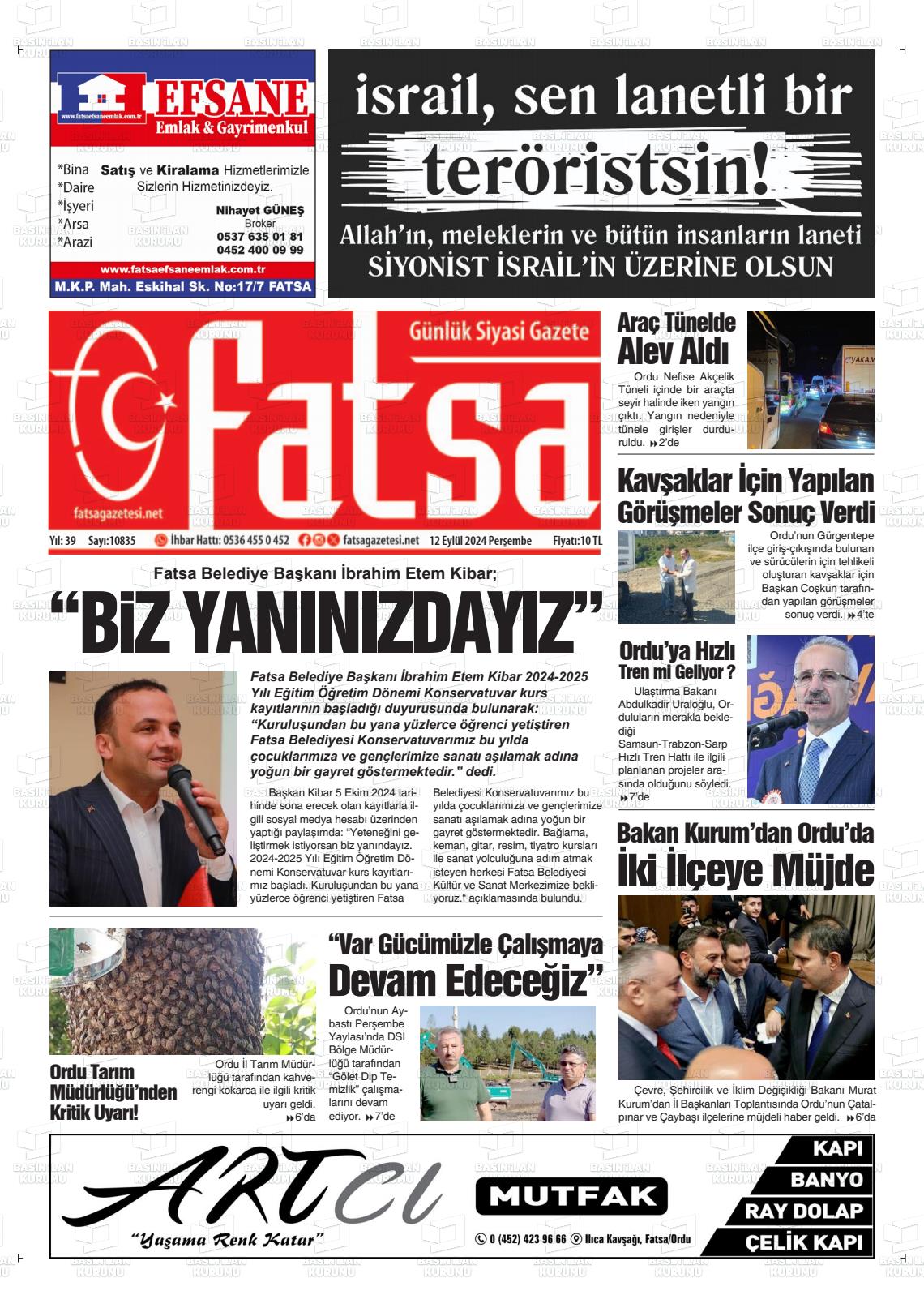 12 Eylül 2024 Fatsa Gazete Manşeti