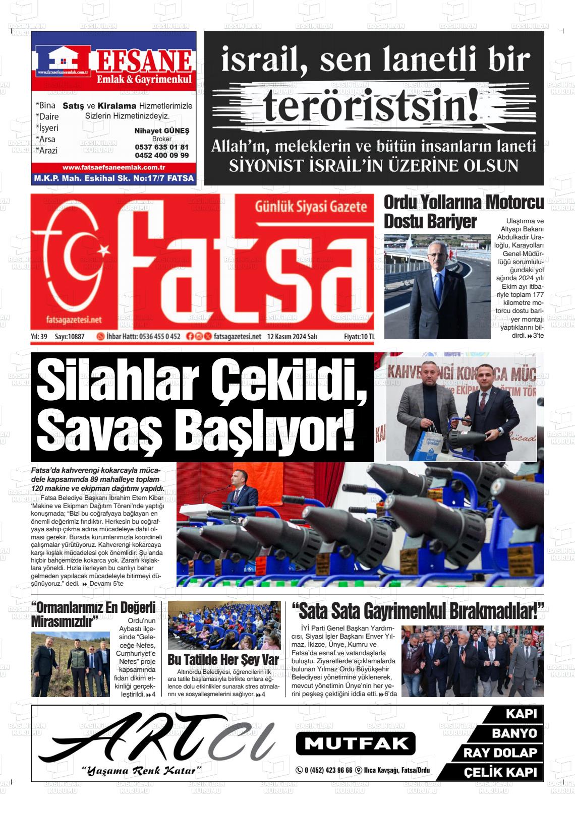 12 Kasım 2024 Fatsa Gazete Manşeti