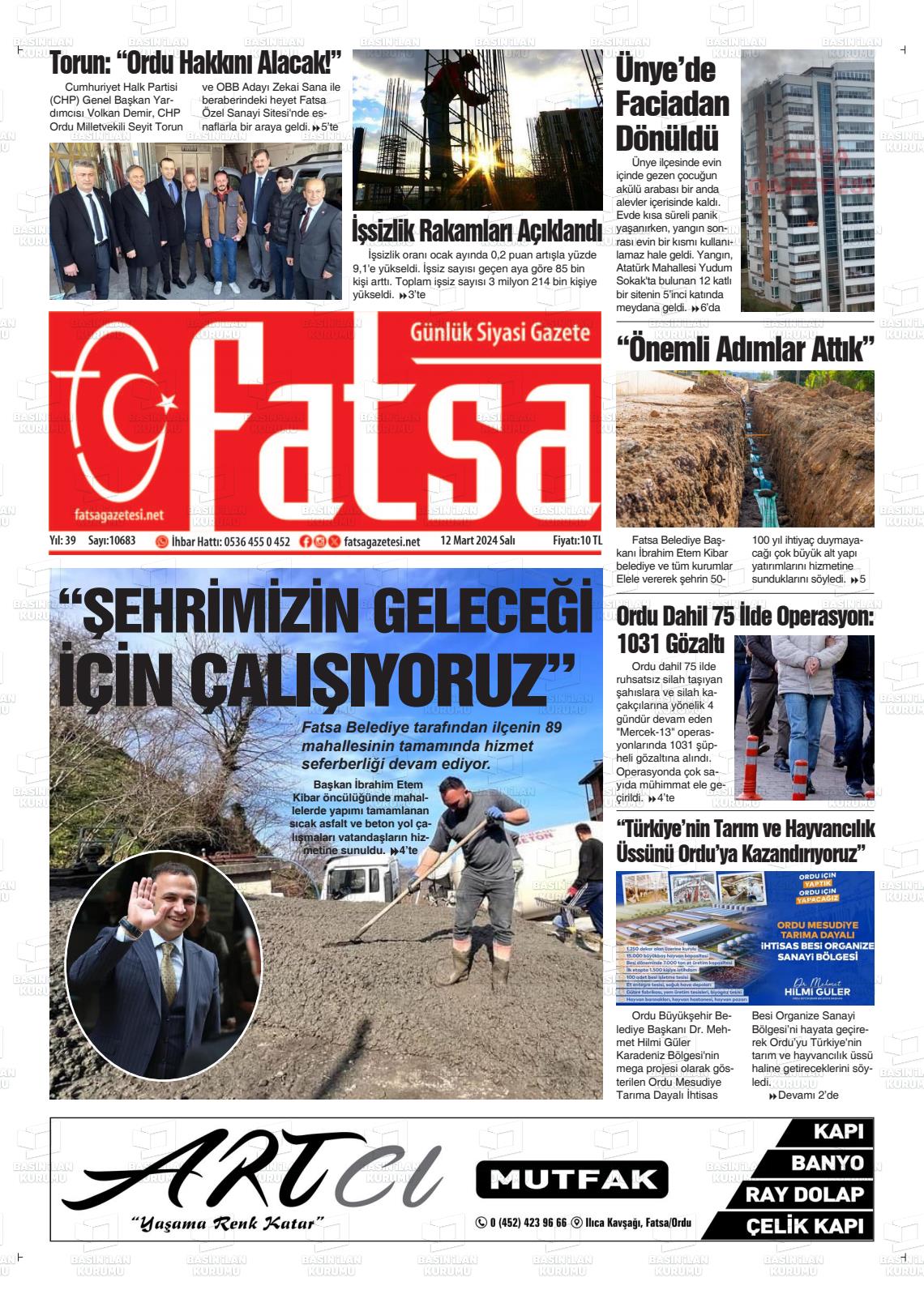 12 Mart 2024 Fatsa Gazete Manşeti