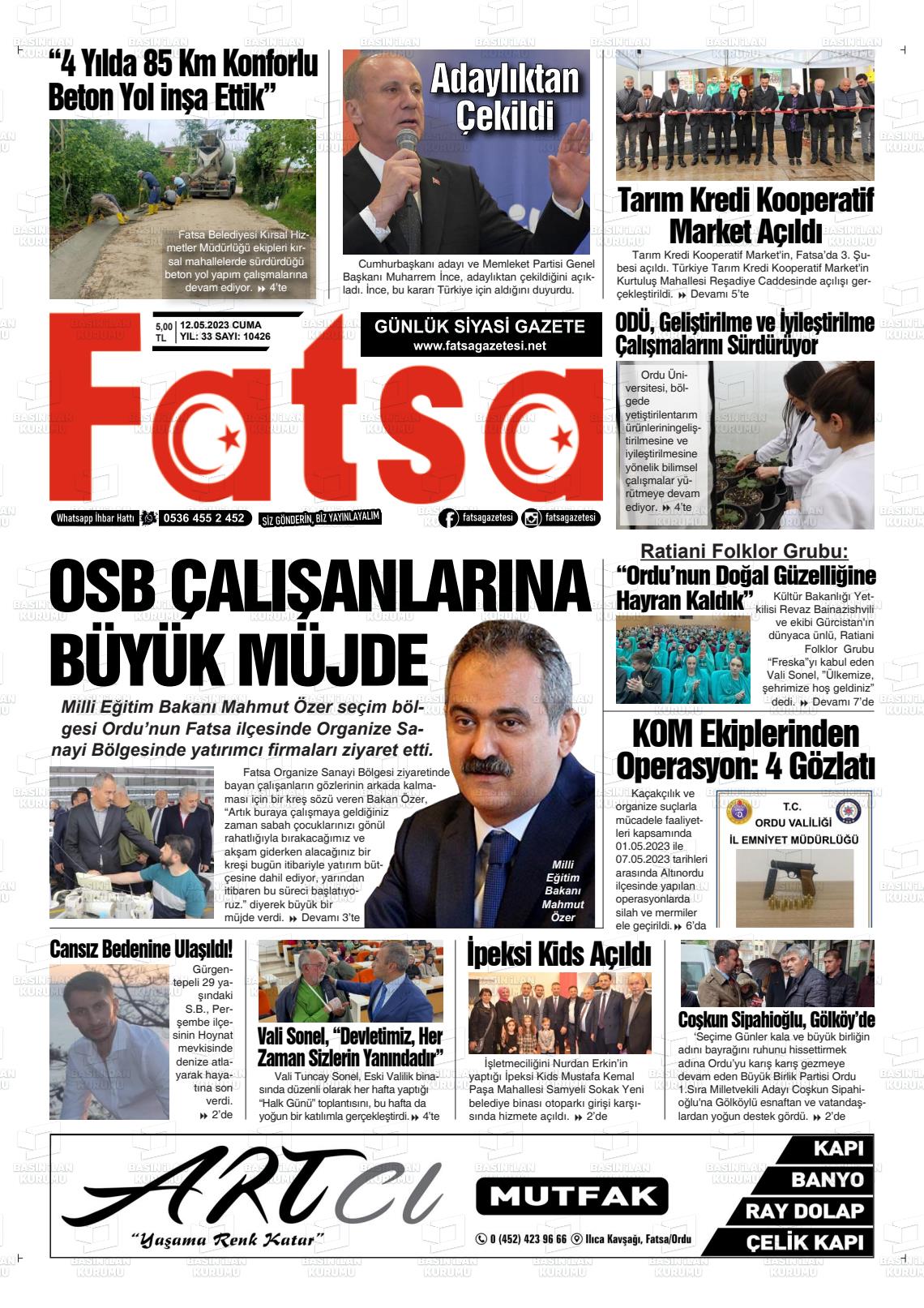 12 Mayıs 2023 Fatsa Gazete Manşeti